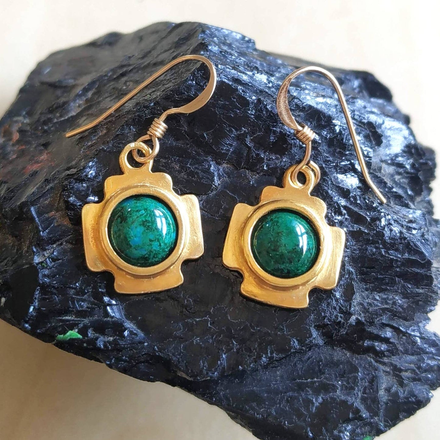 Jerusalem Cross Eilat Stone Dangle Earrings, Christian Gold Plated Gemstone Earrings, Green Malachite Chrysocolla Cabochon, Israeli Jewelry