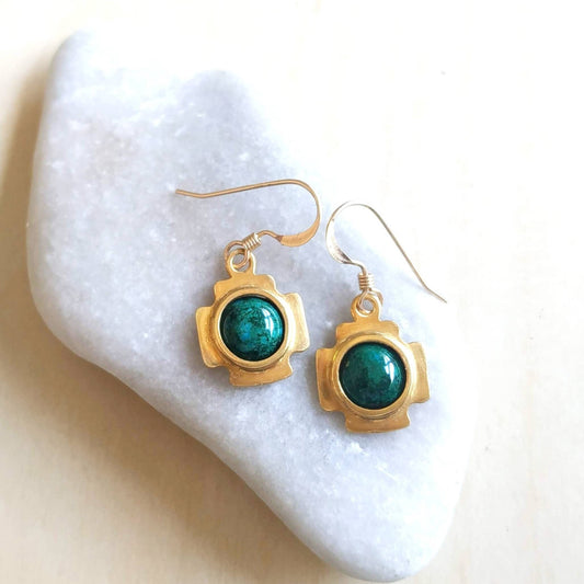 Jerusalem Cross Eilat Stone Dangle Earrings, Christian Gold Plated Gemstone Earrings, Green Malachite Chrysocolla Cabochon, Israeli Jewelry
