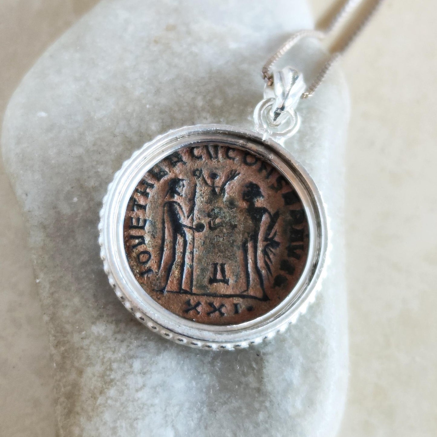 Authentic Certified Roman Emperor Diocletian Coin Necklace, Antique Silver Unisex Medallion Barr Designs