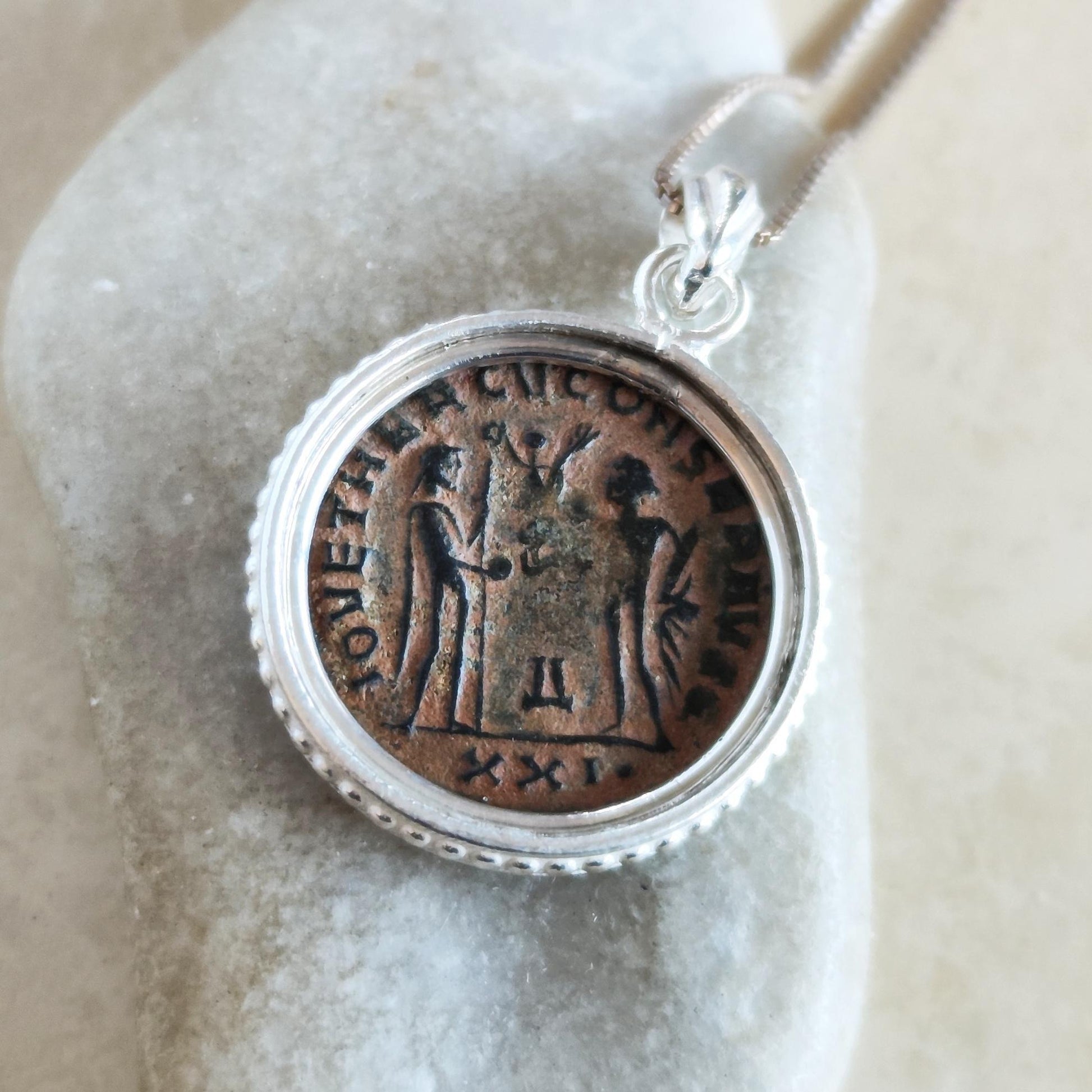 Authentic Certified Roman Emperor Diocletian Coin Necklace, Antique Silver Unisex Medallion Barr Designs