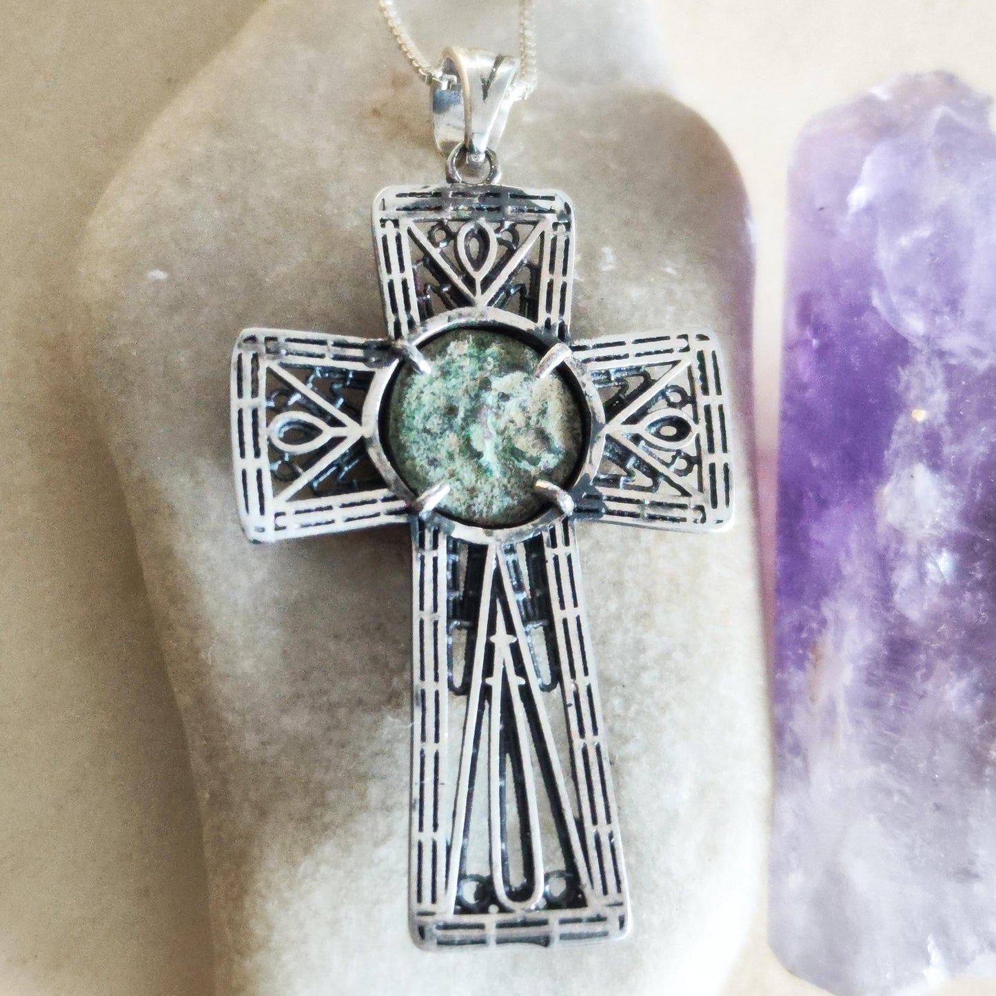 Widow Mite Coin Filigree Cross Silver Pendant, Vintage Style Large Christian Necklace, Antique Jesus Coin Gift
