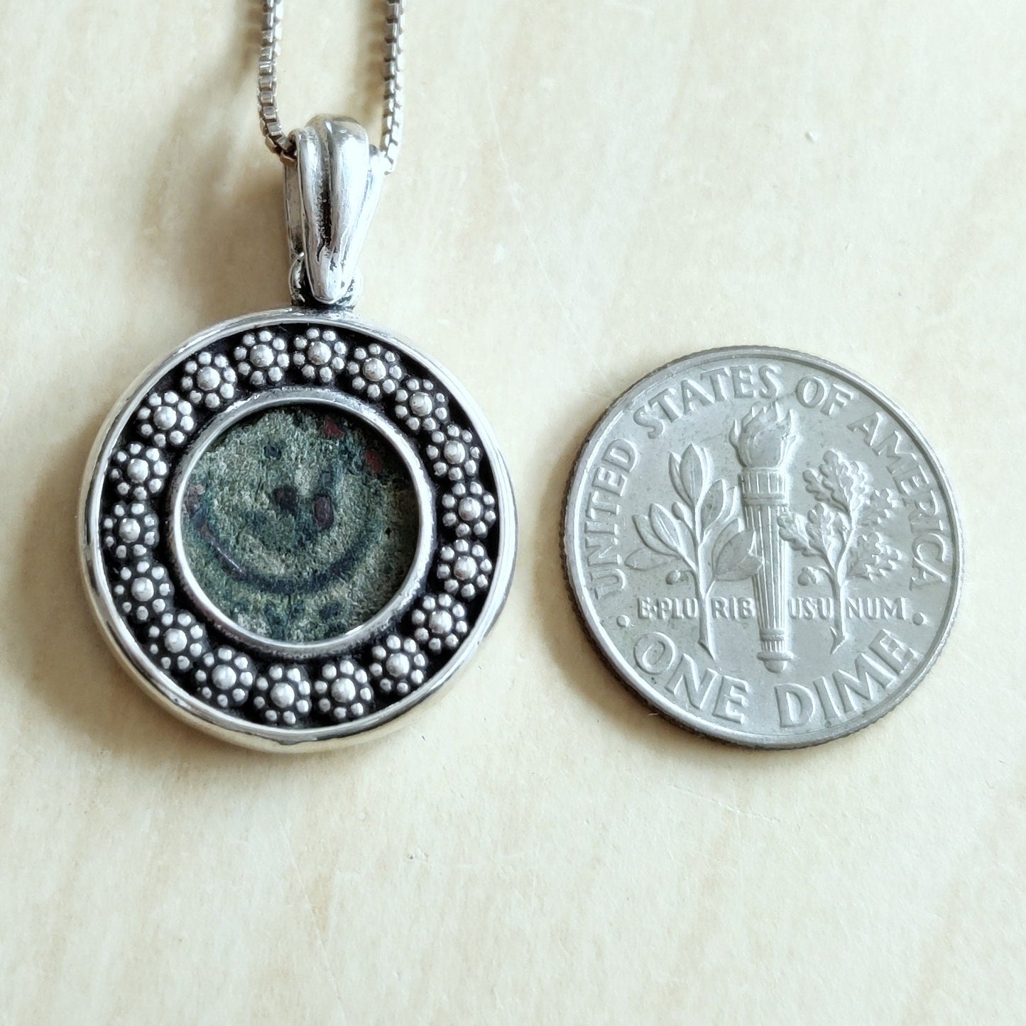 Christian Silver Necklace, Widow's Mite Coin Pendant, Jesus Ancient Jewelry, vintage style necklace, Flower nature pendant, Israeli jewelry