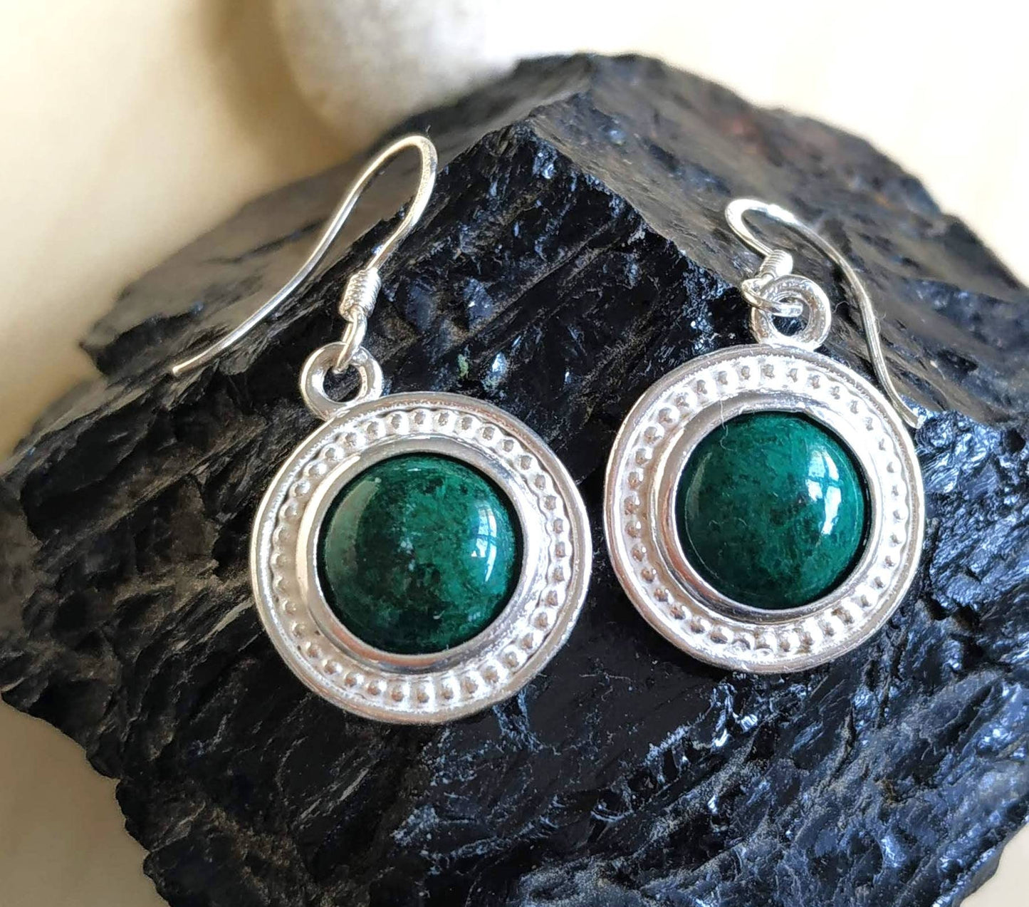 Eilat Stone Silver dangle Earrings, Green gemstone Earrings, King Solomon mine stone minerals, Israeli jewelry, Malachite round Earrings