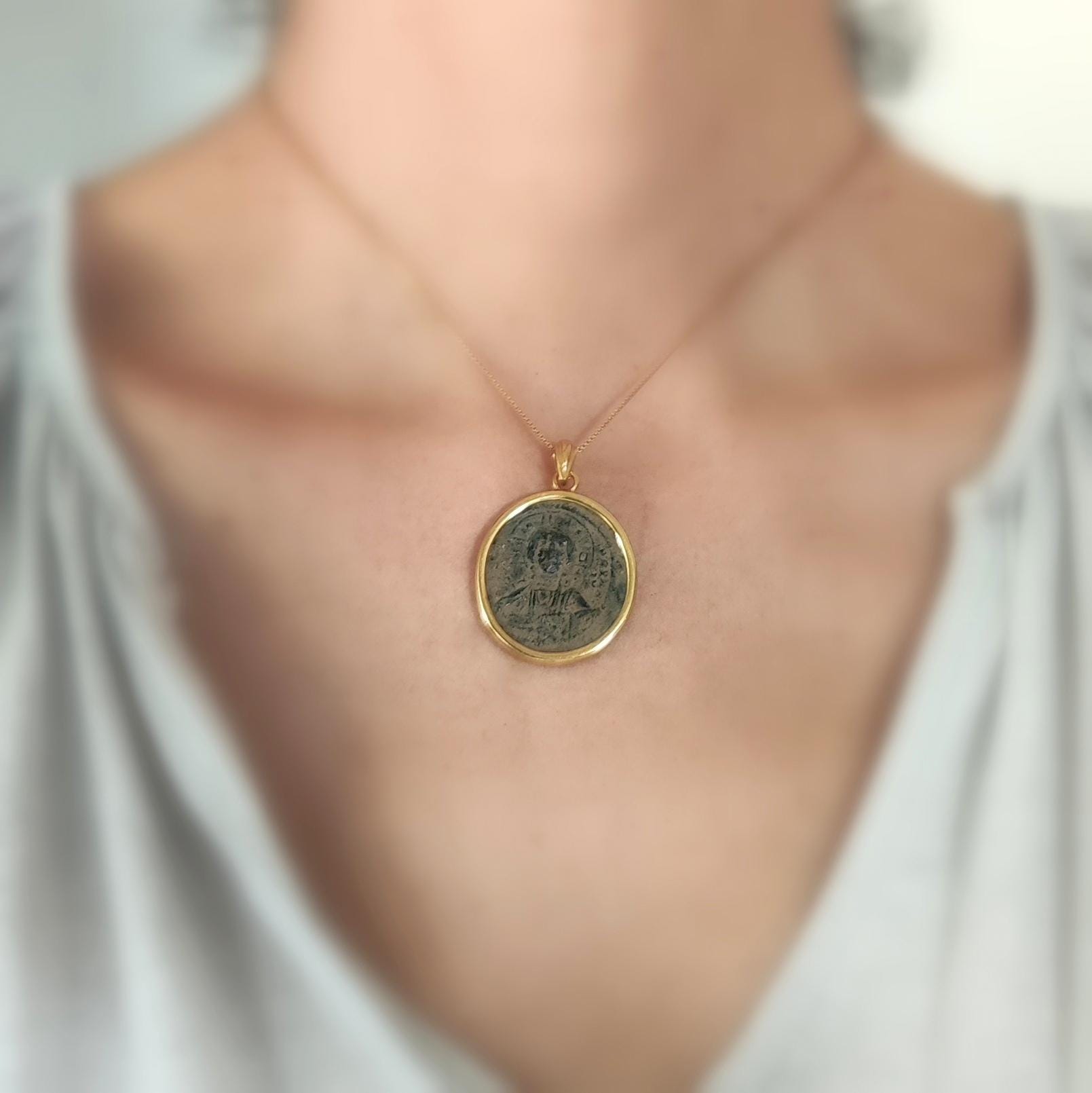 Jesus Christ Coin Pendant: Antique Byzantine Bronze Follis, Gold Plated Medallion Barr Designs