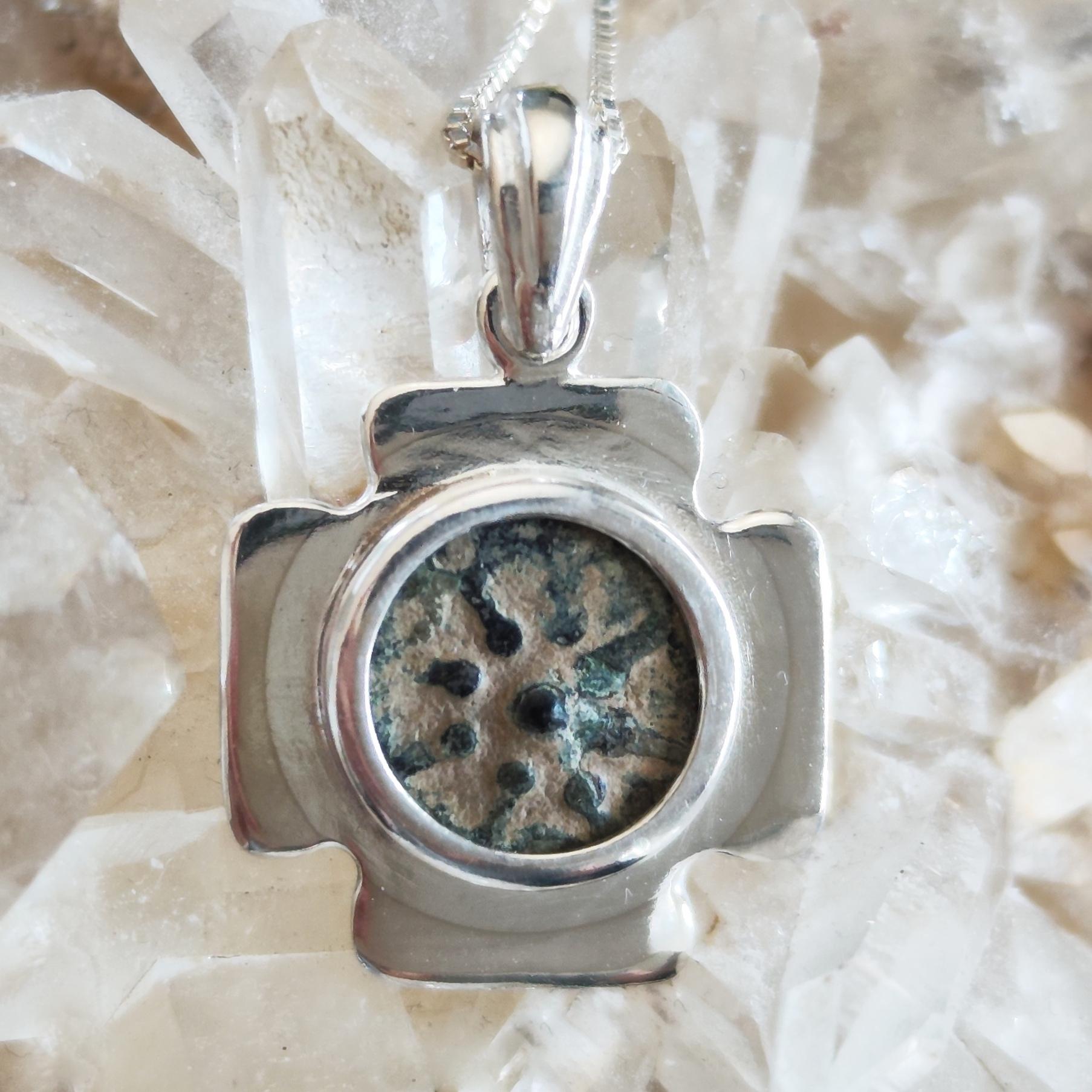 Jerusalem Cross Pendant set with antique Widow's Mite Coin, Sterling Silver Barr Designs