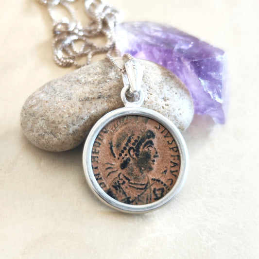 Roman Orthodox Coin Silver Necklace, Antique Theodosius bronze medallion, Authentic Christian Coin Charm, Vintage jewelry, History Buff gift