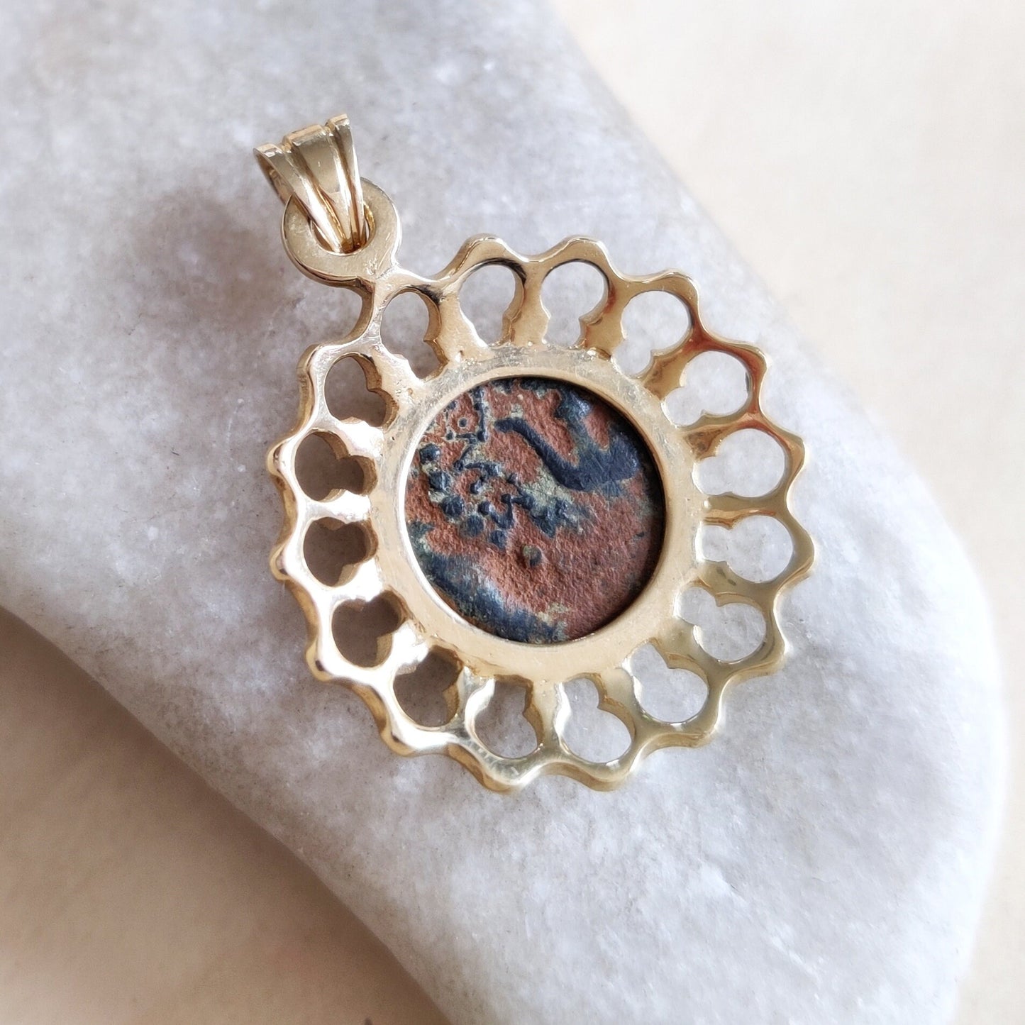 Widow's Mite Coin set in 14K Gold Pendant, Authentic Ancient Christian Coin Medallion, New Testament Mark 12:41 Coin, Christian Gift idea