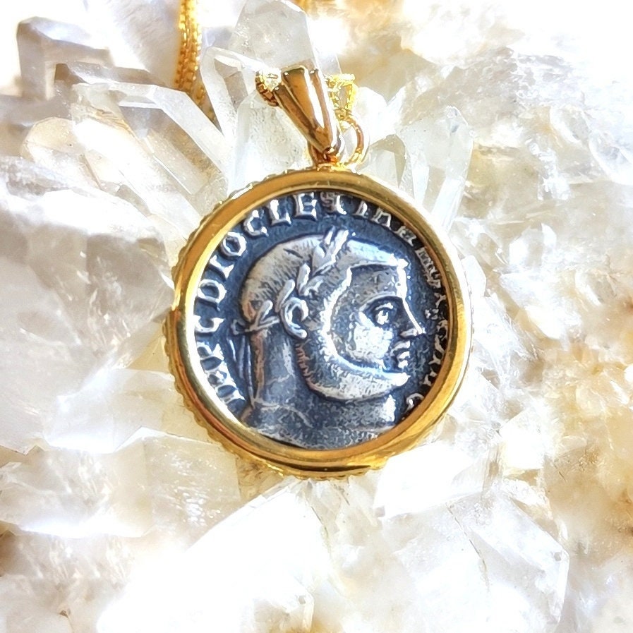 Roman Emperor Diocletian Coin Necklace: Replica Coin Pendant in Silver and Gold Barr Designs