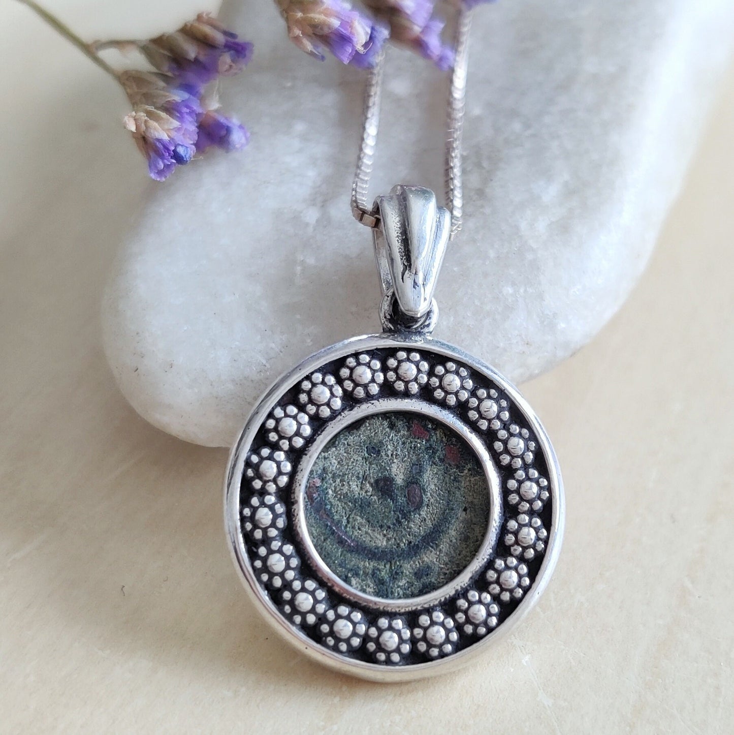 Christian Silver Necklace, Widow's Mite Coin Pendant, Jesus Ancient Jewelry, vintage style necklace, Flower nature pendant, Israeli jewelry
