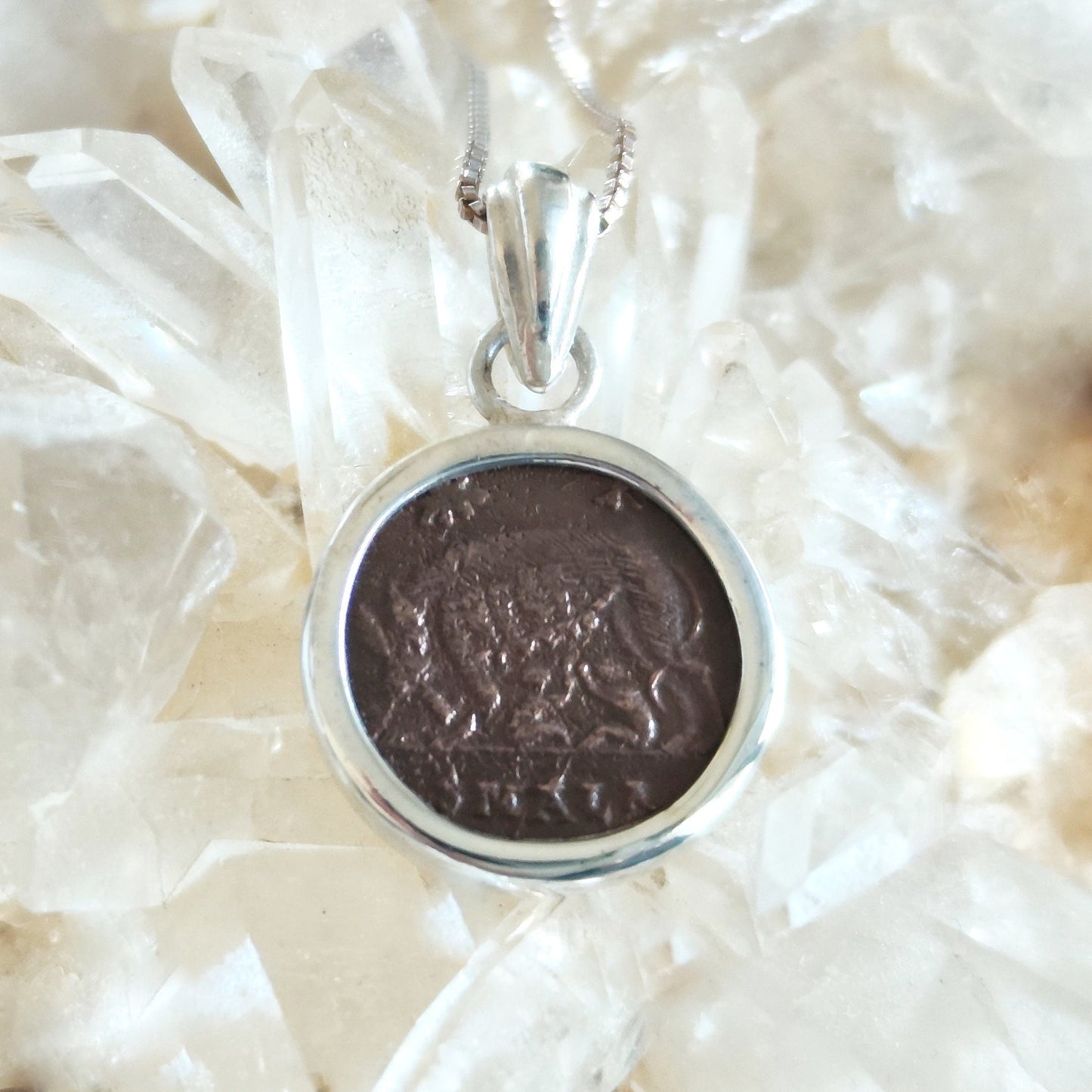 Antique Constantine She Wolf Coin Necklace, Ancient Roman Romulus & Remus Small Bronze Coin Pendant, Vintage Silver Medallion gift for him