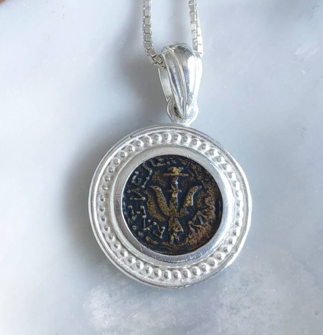 Widow's Mite Coin Replica Necklace, ancient coin silver pendant, Christian Biblical jewelry, Unisex Christmas gift Idea, Coin Charm
