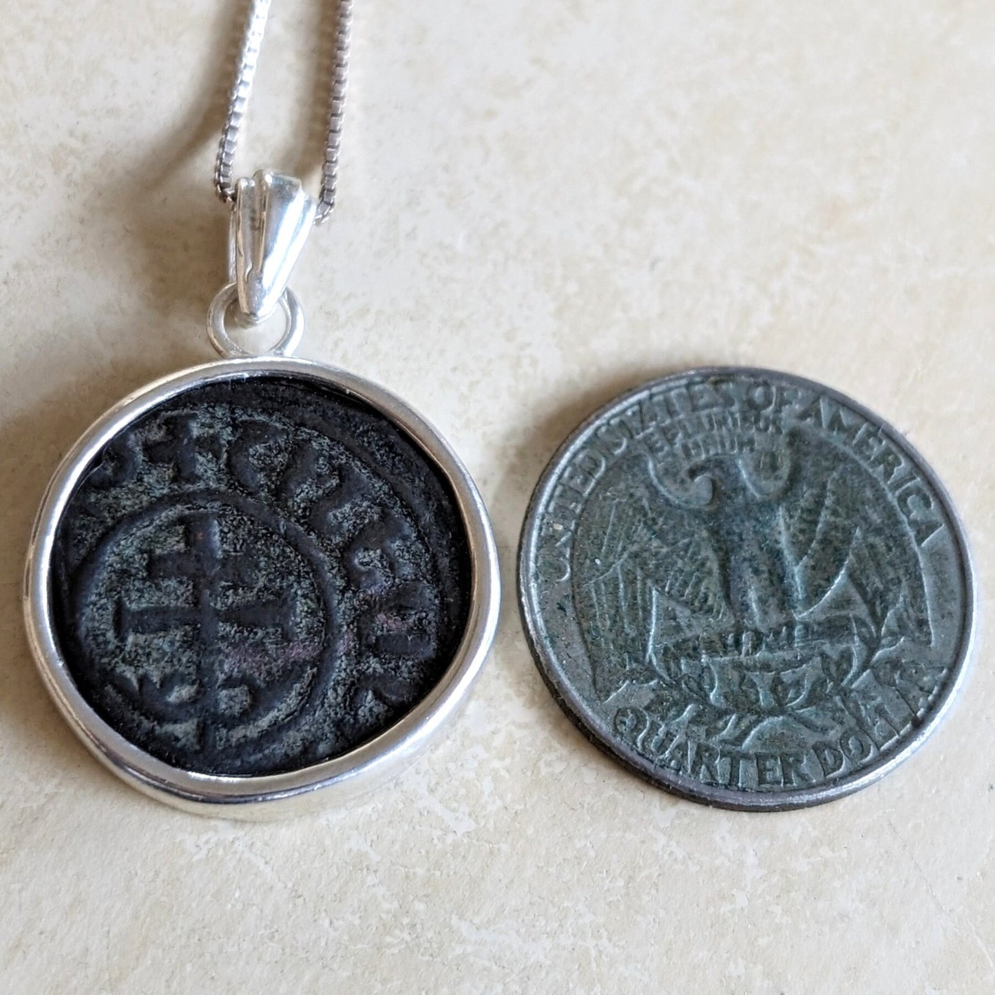 Crusaders Orthodox Cross Coin Silver Necklace, Antique Patriarch two Barred Cross Medallion, Medieval Armenia Knight Templar Christian Coin