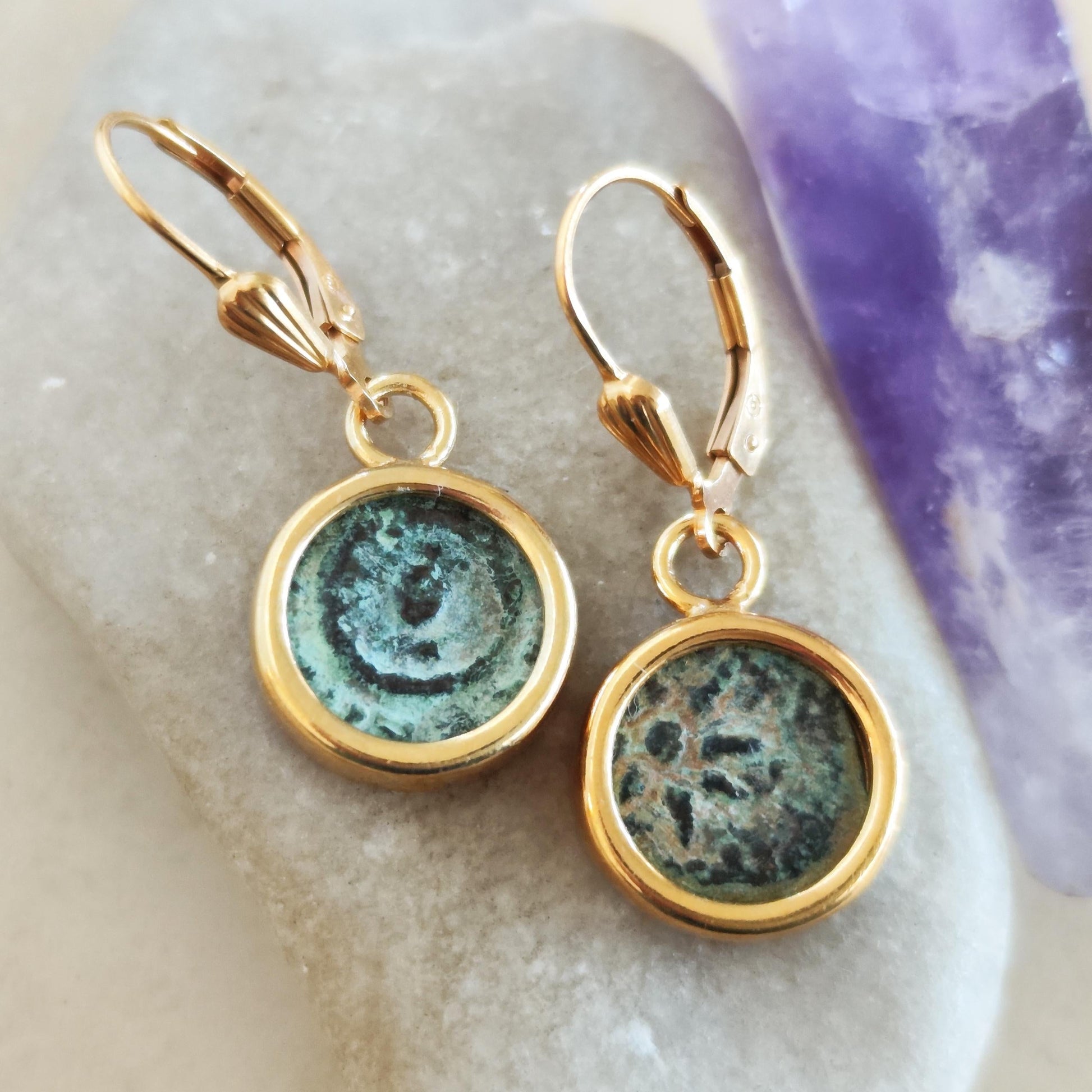 Ancient Biblical Coin Dangle Earrings: New Testament Widow's Mite set in 18K Gold Plated Sterling Silver Barr Designs