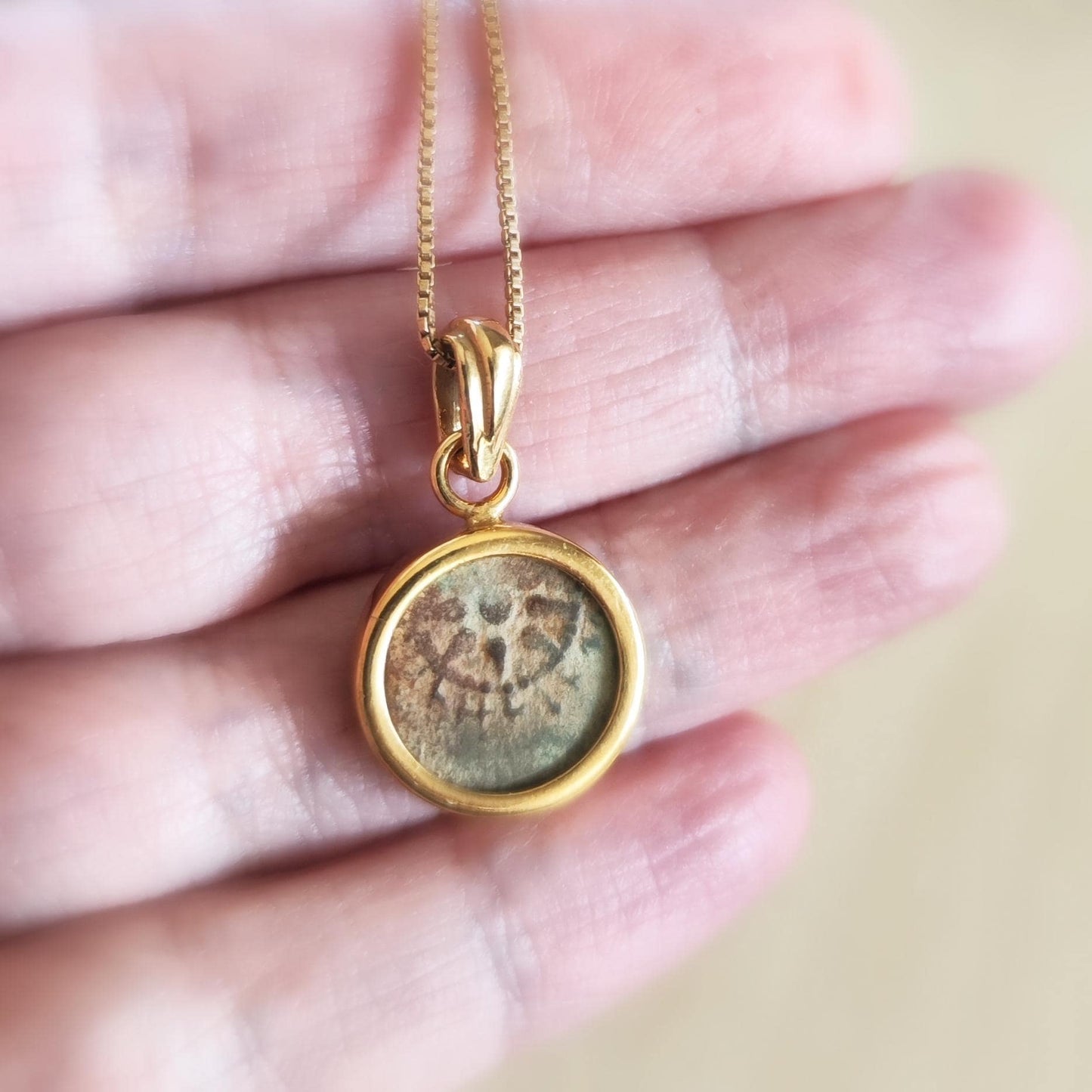 Antique Widow's Mite Pendant, Genuine bible Coin Necklace, Vintage Gold Plated Small dainty charm, Widow Mite Medallion, Jesus Christ Coin