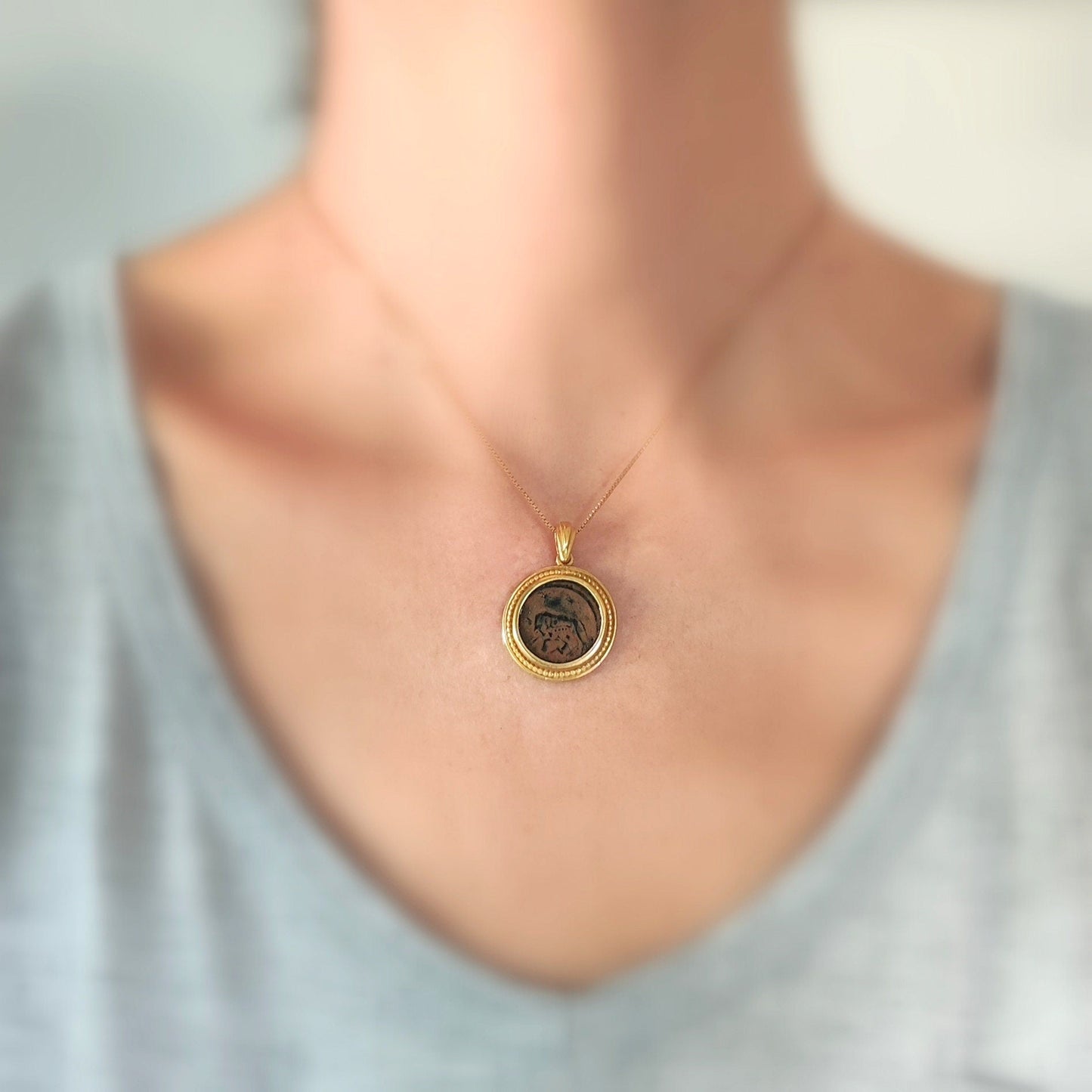 Romulus & Remus Coin Pendant: Genuine Roman Bronze, Gold Plated Sterling Silver Barr Designs