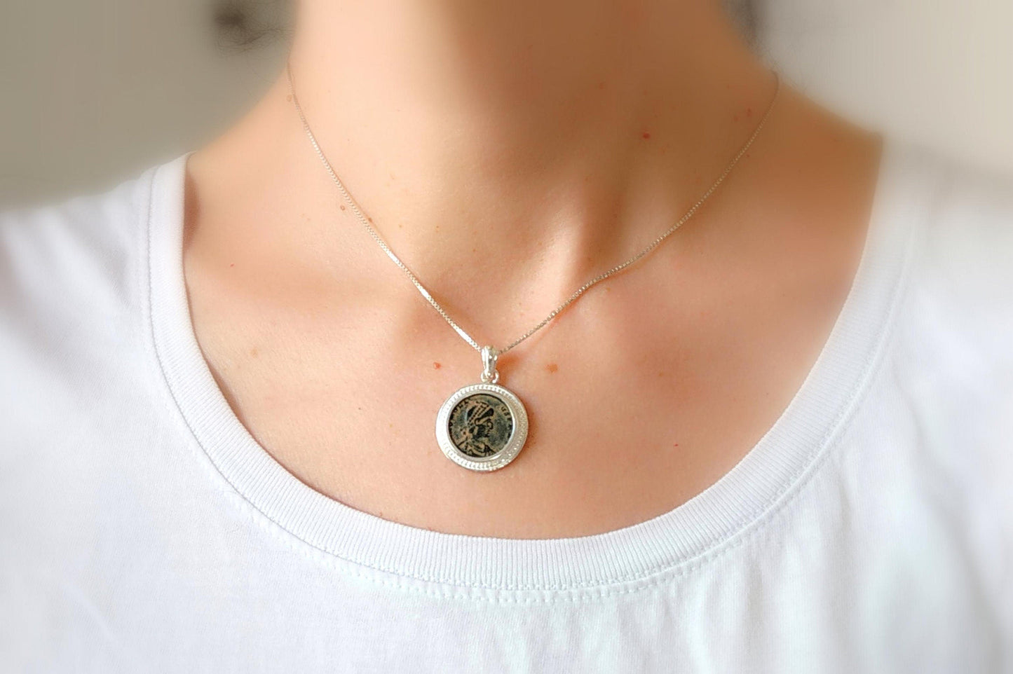 Ancient Roman Emperor Honorius Coin Necklace, Early Christian Theodosius Coin Pendant, Vintage Gift Barr Designs