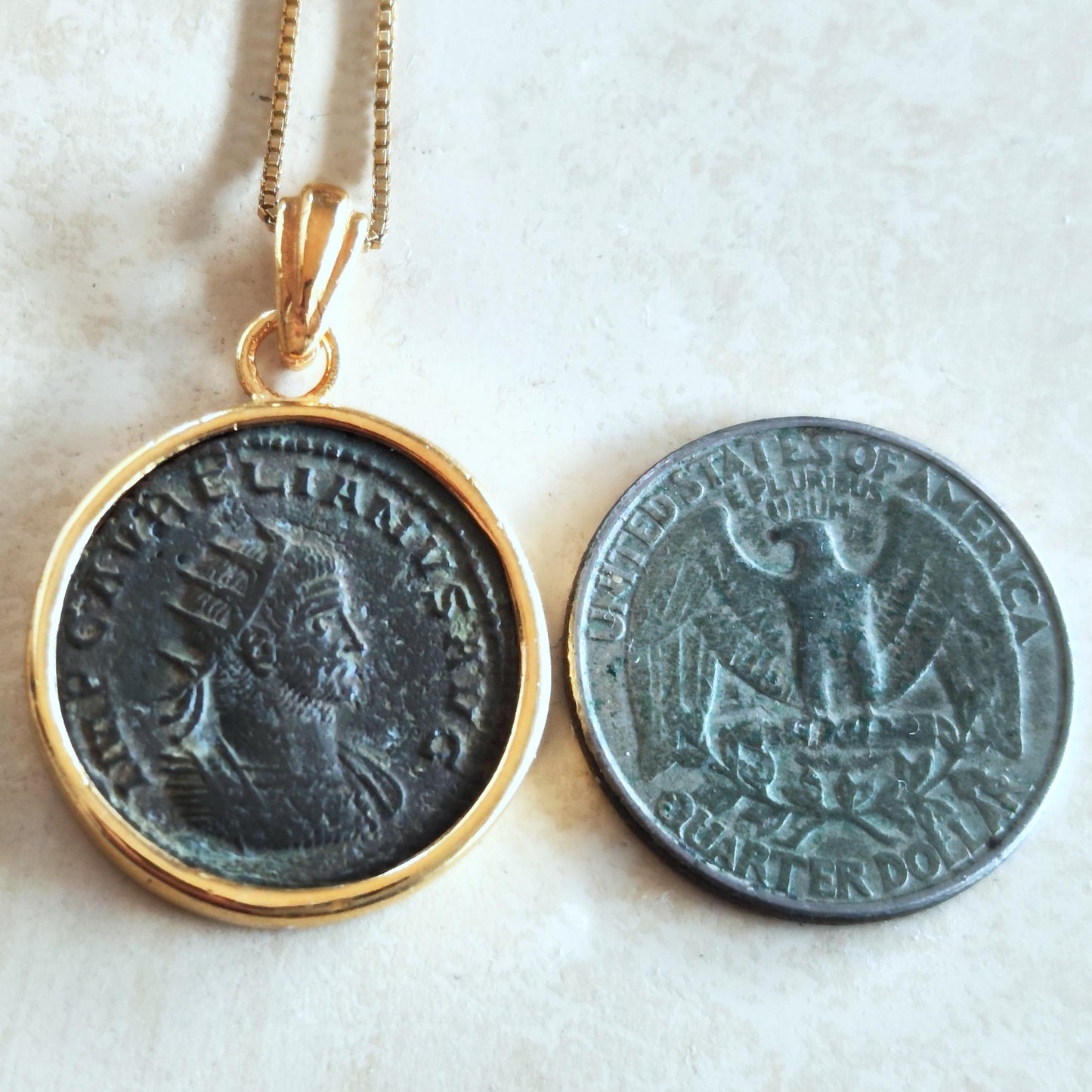Antique Roman Aurelian Coin Pendant, Authentic Roman Coin Necklace, Real Ancient Coin Necklace, Gold Plated Vintage Pendant