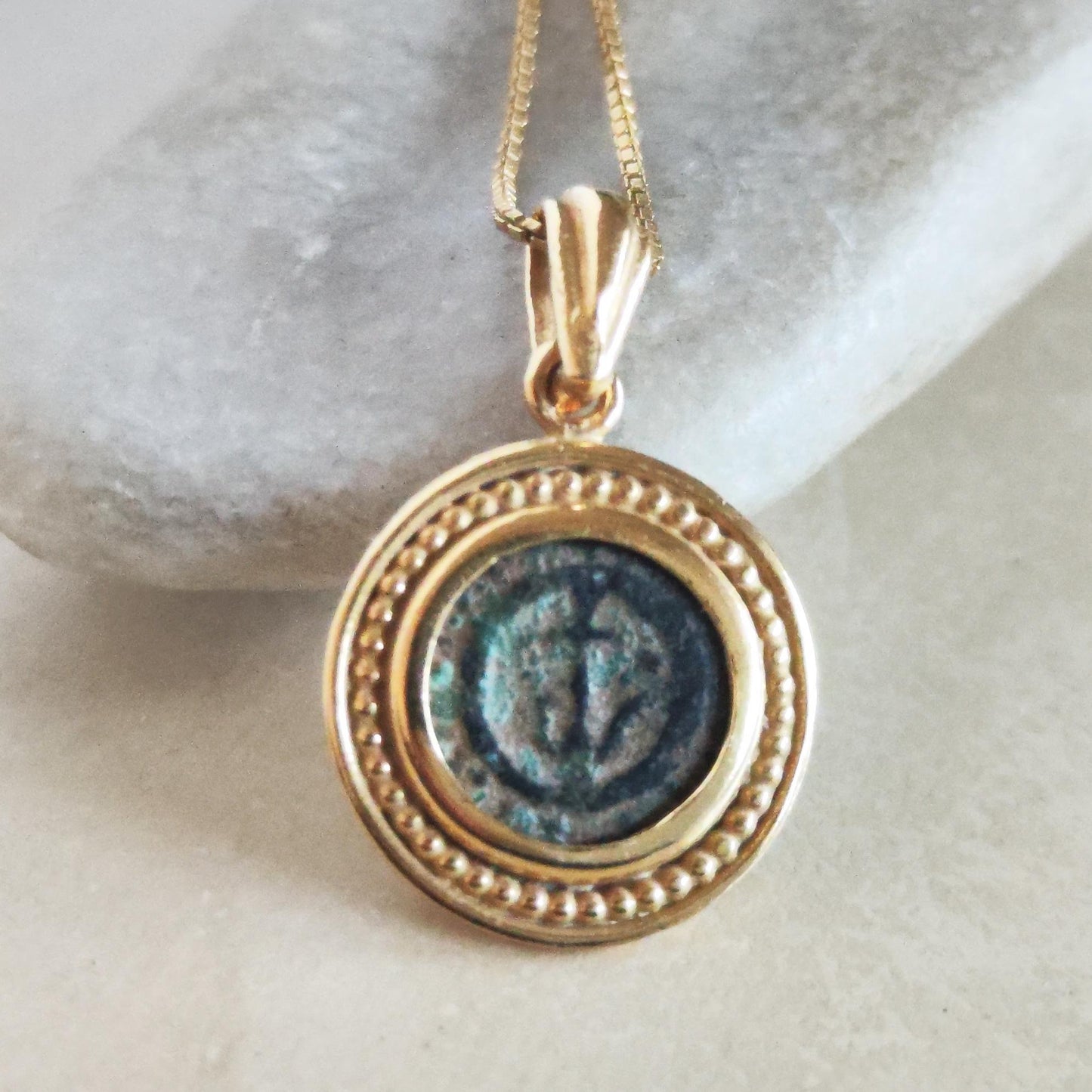 Antique widow's mite coin necklace, Biblical Coin Medallion, Ancient Judea bronze Prutah, Christian Jesus jewelry