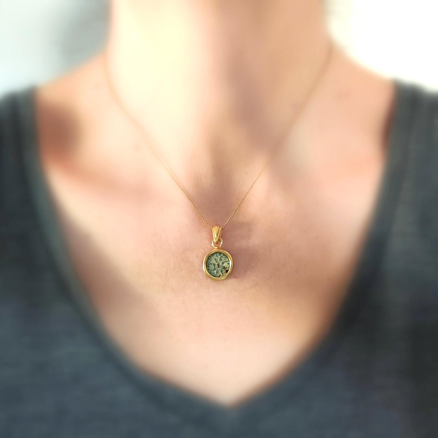 Christian Widow's Mite Coin Dainty Pendant, Antique Bible Coin Small Necklace, Gold Plated Charm Barr Designs