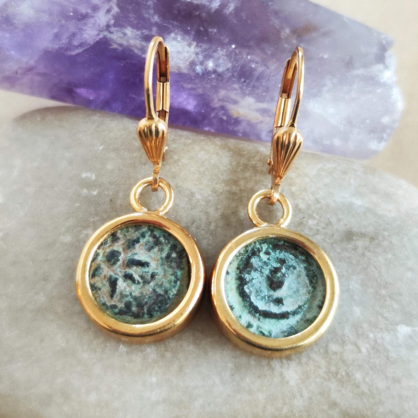 Ancient Biblical Coin Dangle Earrings: New Testament Widow's Mite set in 18K Gold Plated Sterling Silver Barr Designs