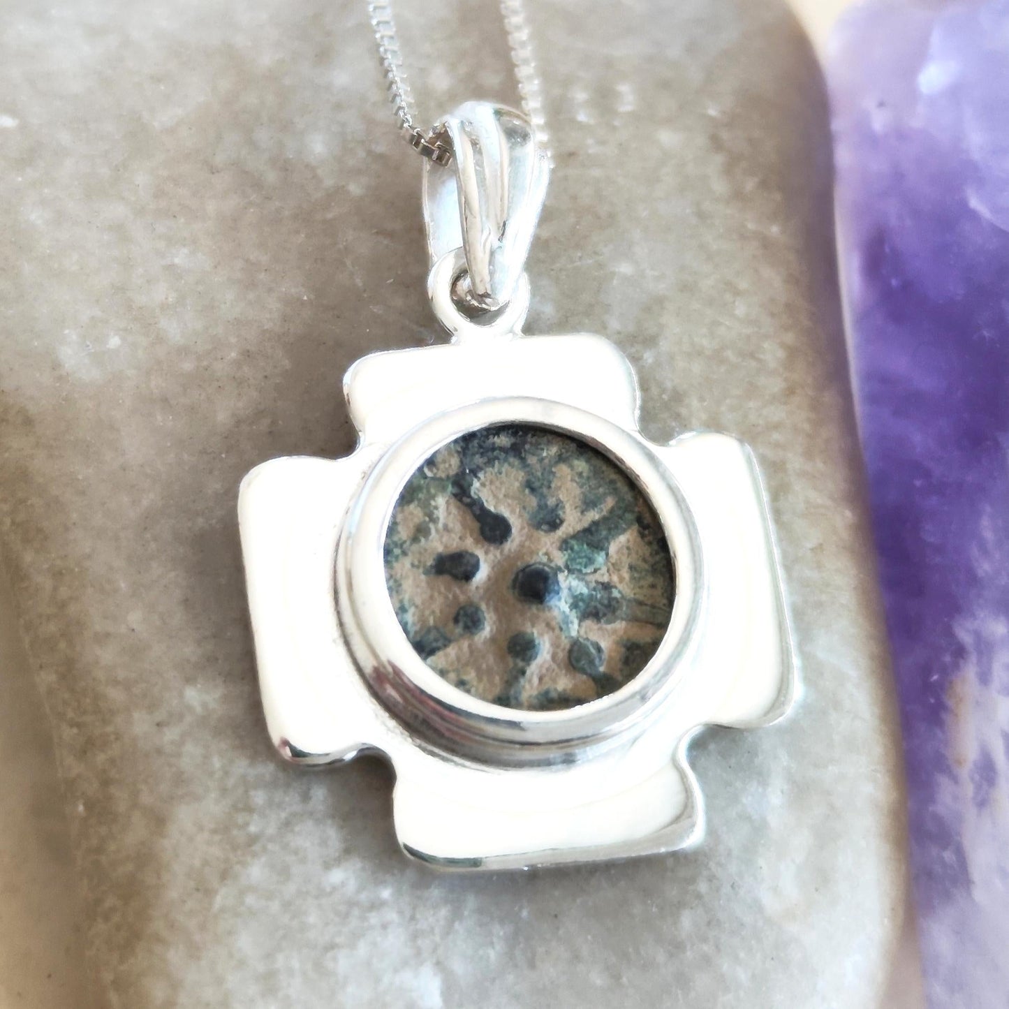 Jerusalem Cross Pendant set with antique Widow's Mite Coin, Sterling Silver Barr Designs