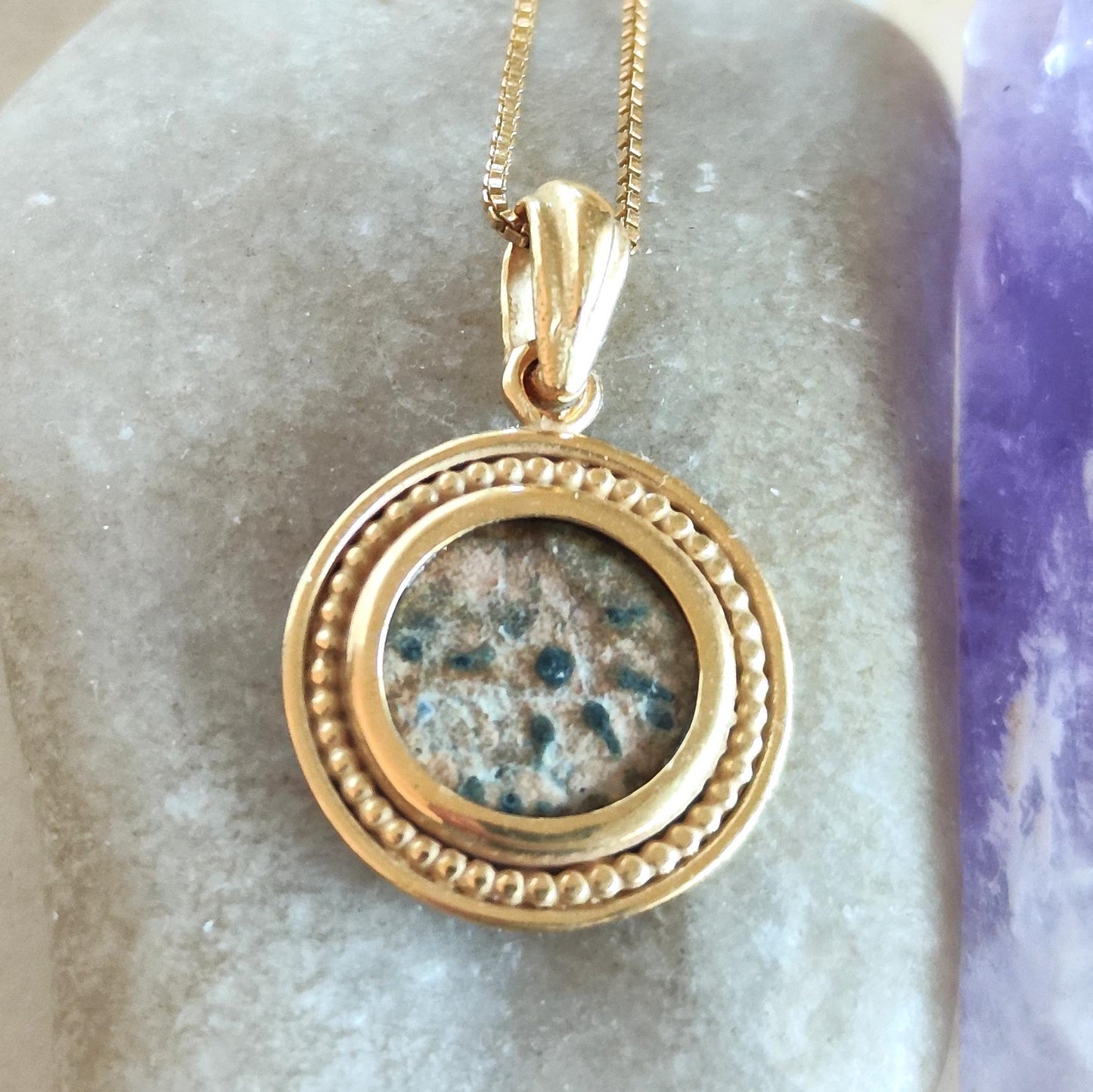 Antique widow's mite coin necklace, Biblical Coin Medallion, Ancient Judea bronze Prutah, Christian Jesus jewelry