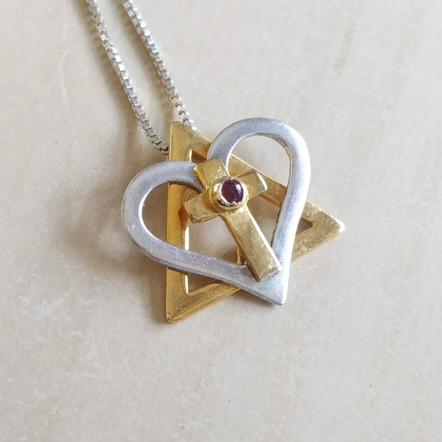 Interfaith Star Cross Necklace: Gold Plated Sterling Silver Ruby Heart Cross Pendant Barr Designs