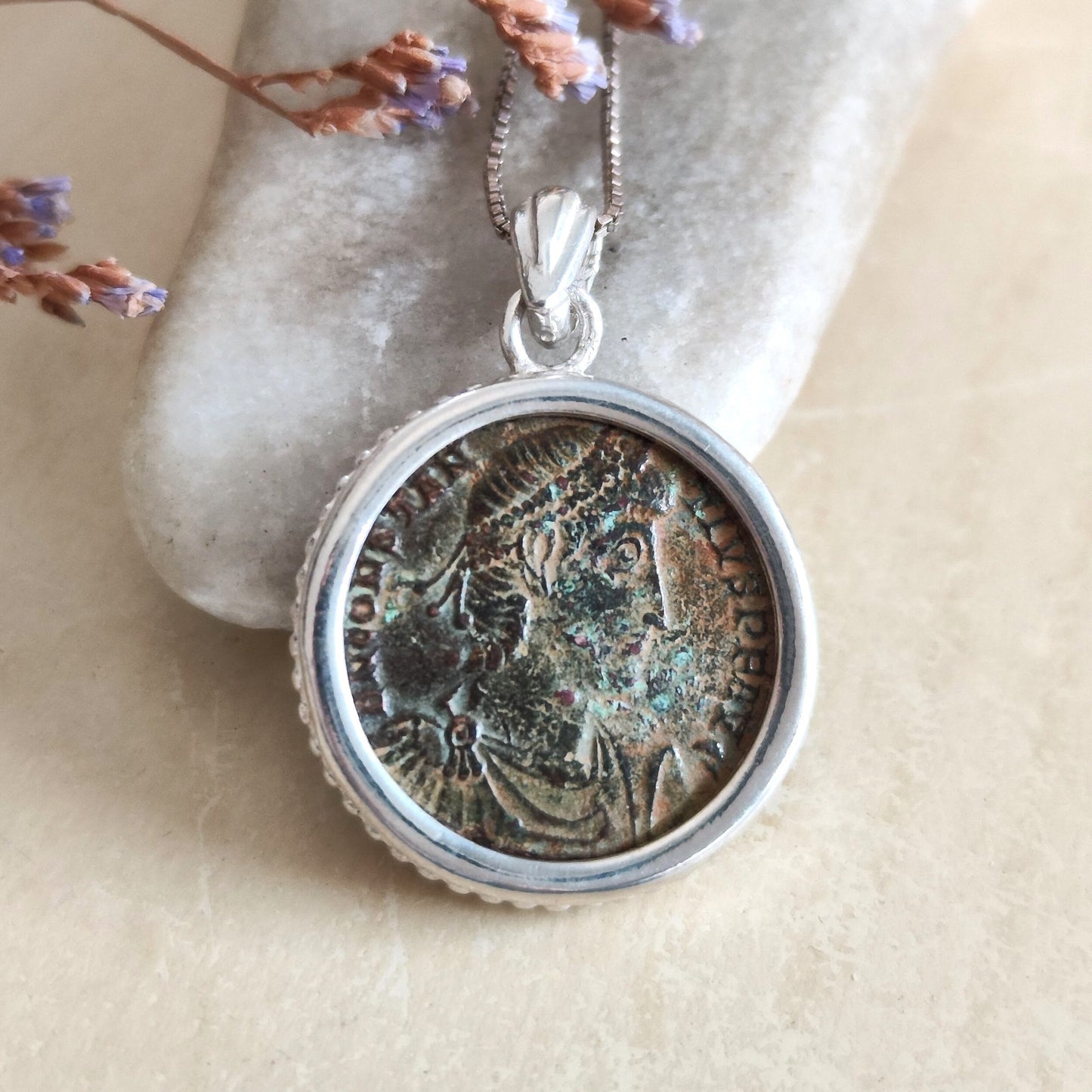 Ancient Roman coin Silver necklace, Certified bronze coin of Emperor Constantius pendant, women unisex medallion, Antique vintage jewelry