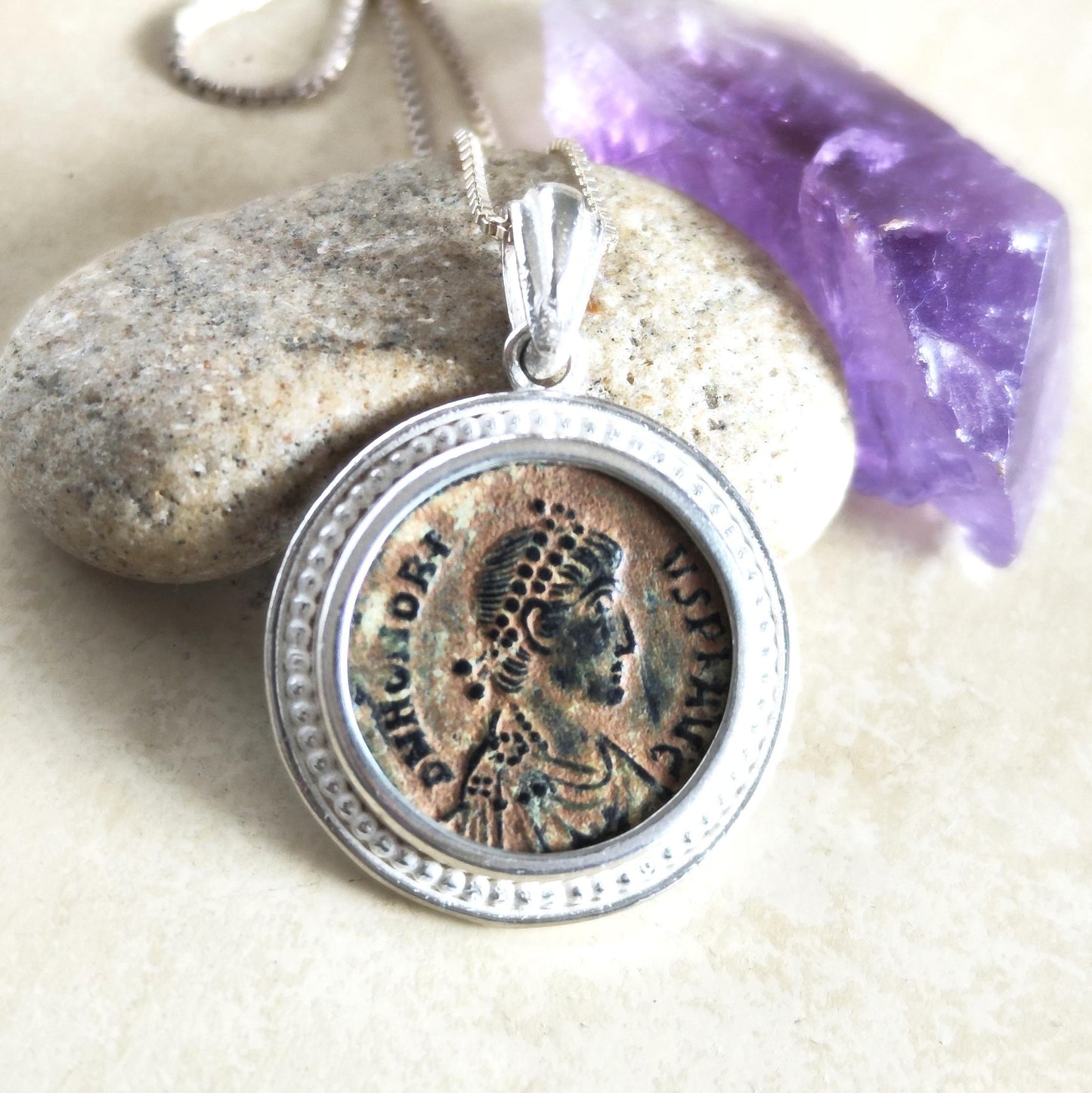 Certified Antique Roman Coin of Emperor Honorius set in Silver Pendant, Constantine Coin Medallion, Christian Vintage gift