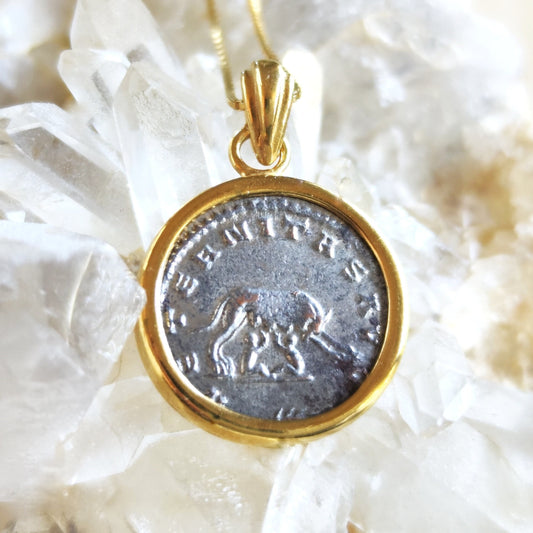 Antique Roman Romulus & Remus with She Wolf Coin Necklace, Ancient  Emperor Gallienus coin Pendant , Vintage Gold Plated Medallion Jewelry