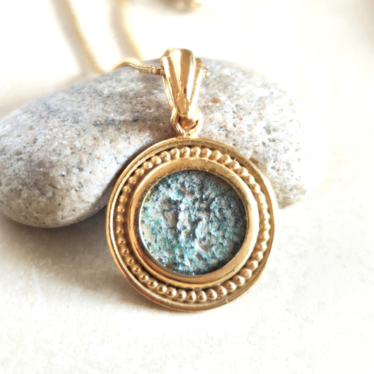 Christian Coin Necklace, Antique Widow's Mite Coin, Coin Ancient Necklace, Gold Plated Charm Pendant, Jesus Ancient Coin Jewelry, Widow Gift