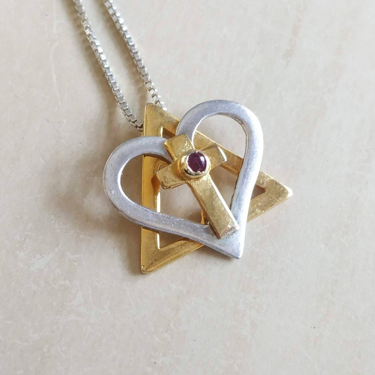 Silver and Gold Star of David cross necklace, interfaith Messianic Jewish Christian pendant, Red Ruby heart necklace, born again jewelry