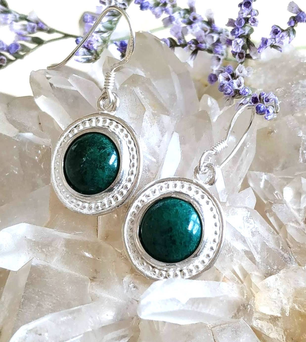 Eilat Stone Silver dangle Earrings, Green gemstone Earrings, King Solomon mine stone minerals, Israeli jewelry, Malachite round Earrings