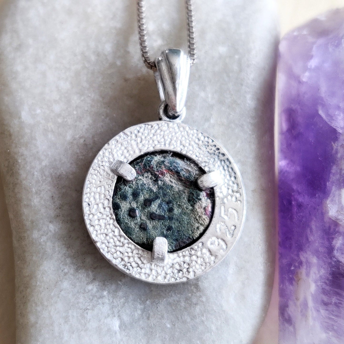 Christian Silver Necklace, Widow's Mite Coin Pendant, Jesus Ancient Jewelry, vintage style necklace, Flower nature pendant, Israeli jewelry