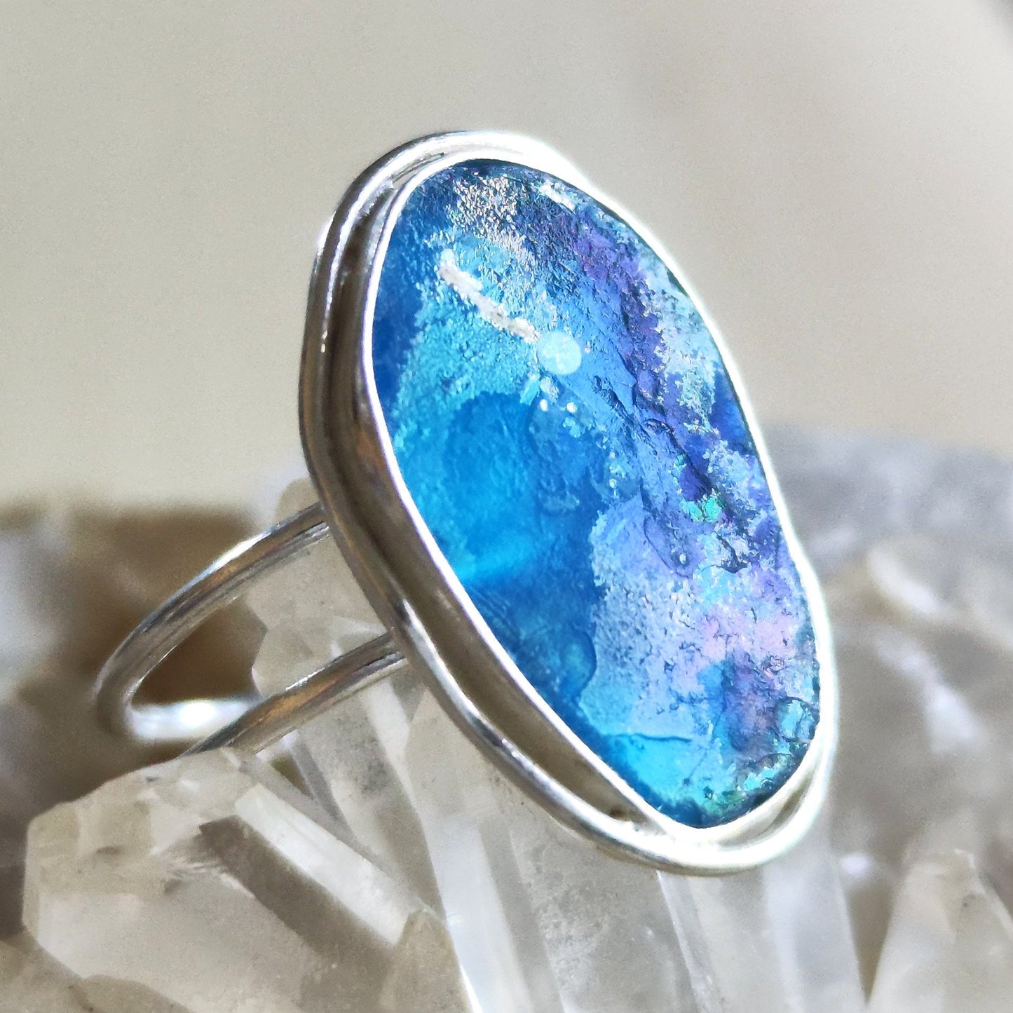 Ancient Glass Solitaire Ring, Natural Antique Roman Glass Adjustable Silver Ring, Blue Purple Patina Glass ring, Statement Solitaire Ring