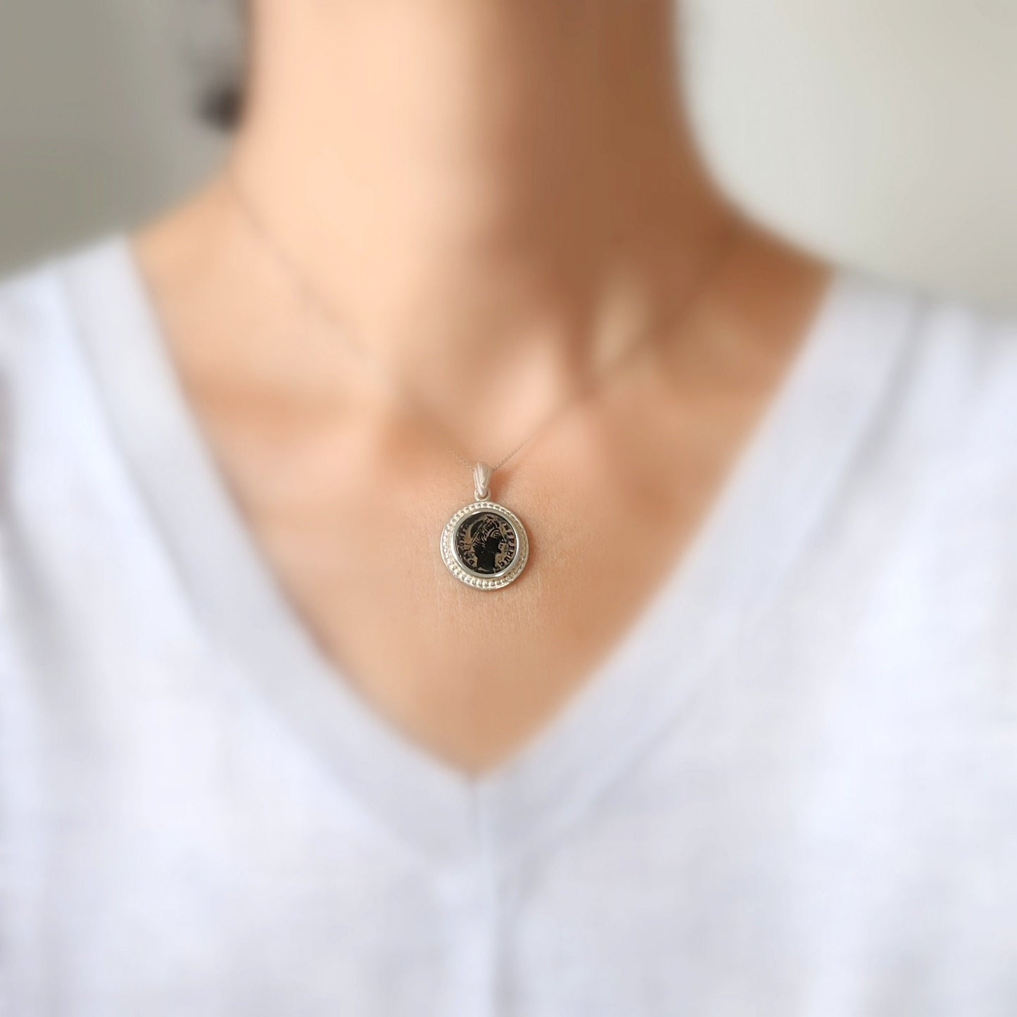Genuine certified Roman coin silver necklace, ancient bronze coin pendant, Emperor Constans medallion, vintage style men unisex gift