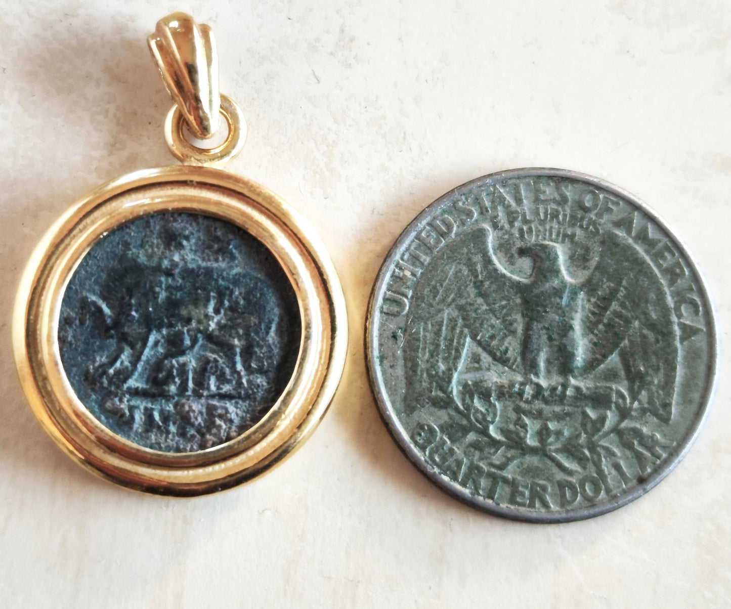 Antique Roman Coin Medallion Necklace: Romulus & Remus with She Wolf, Gold Plated Bezel Barr Designs