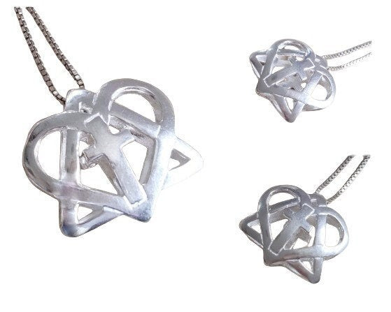 Silver messianic necklace, Star of David and Cross pendant, 3D jewelry, Heart jewelry, jewish christian messianic interfaith necklace