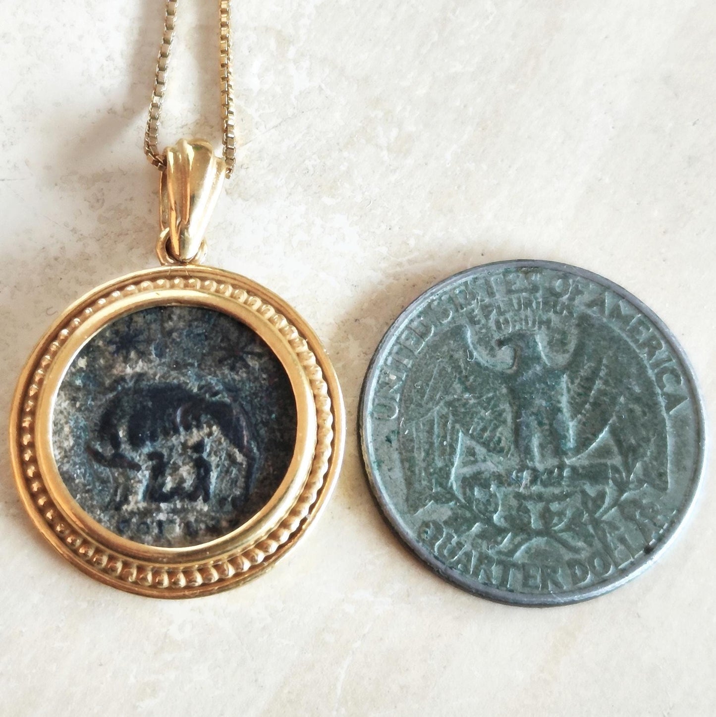 Romulus and Remus Coin Necklace: Ancient Roman Wolf Medallion, 18K Gold Plated Barr Designs