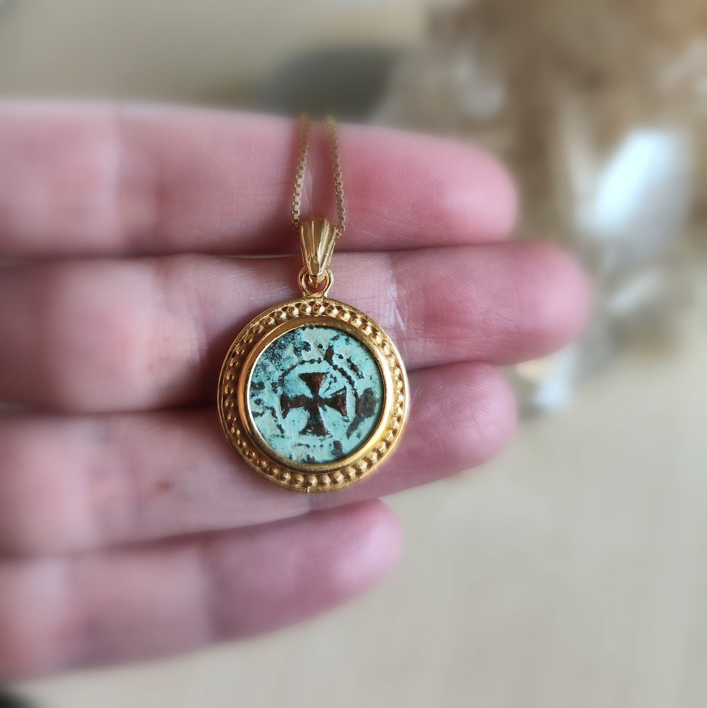 Antique Latin Cross Coin Pendant, Christian Armenia Necklace, Crusaders Knight Templar Bronze Coin Jewelry, Lion Coin Gold Plated Pendant