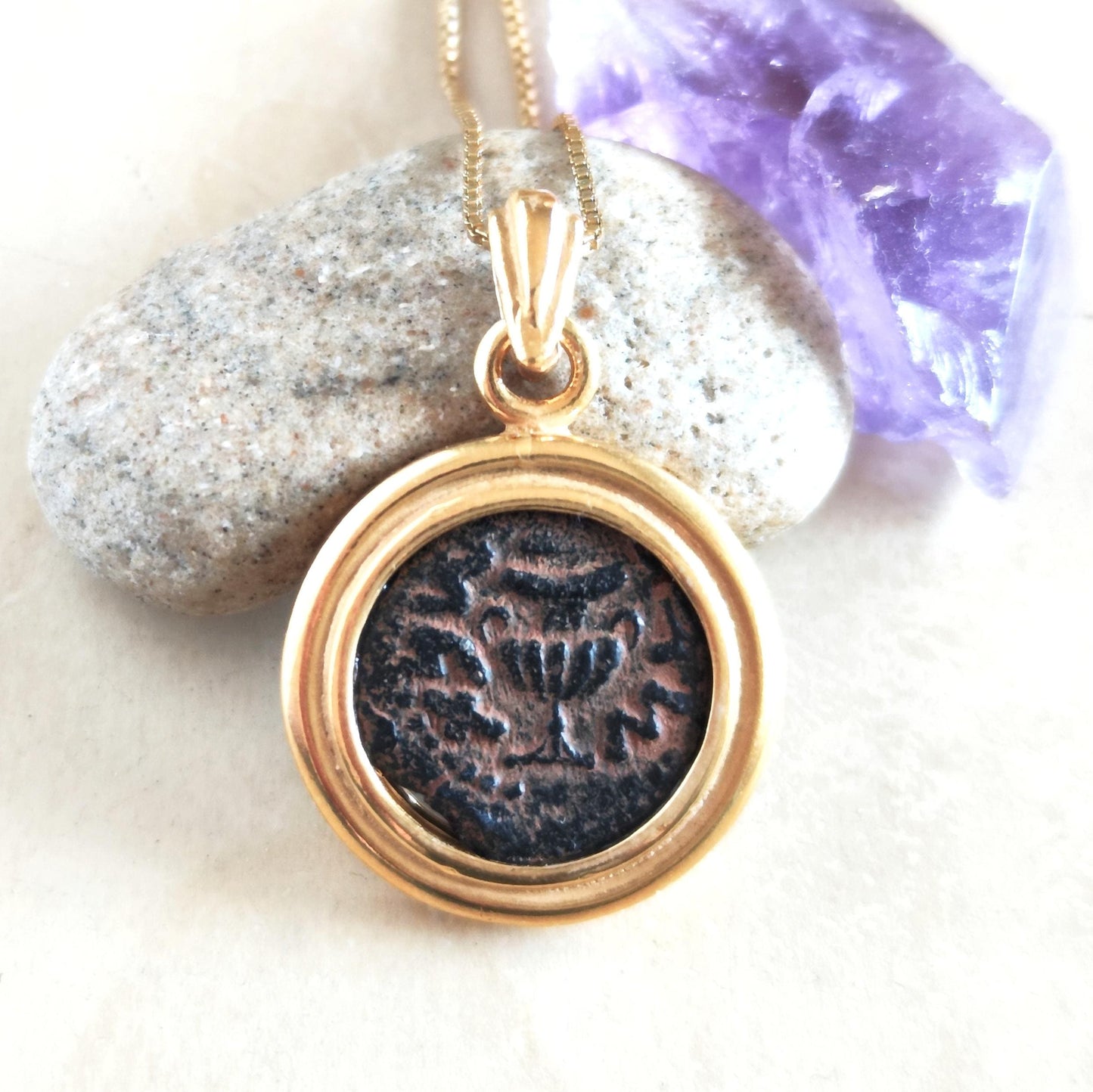 Ancient Masada Coin necklace, First Jewish Revolt Real Bronze Prutah Pendant, Jerusalem Second Temple coin, Roman Amphora Grape Leaf