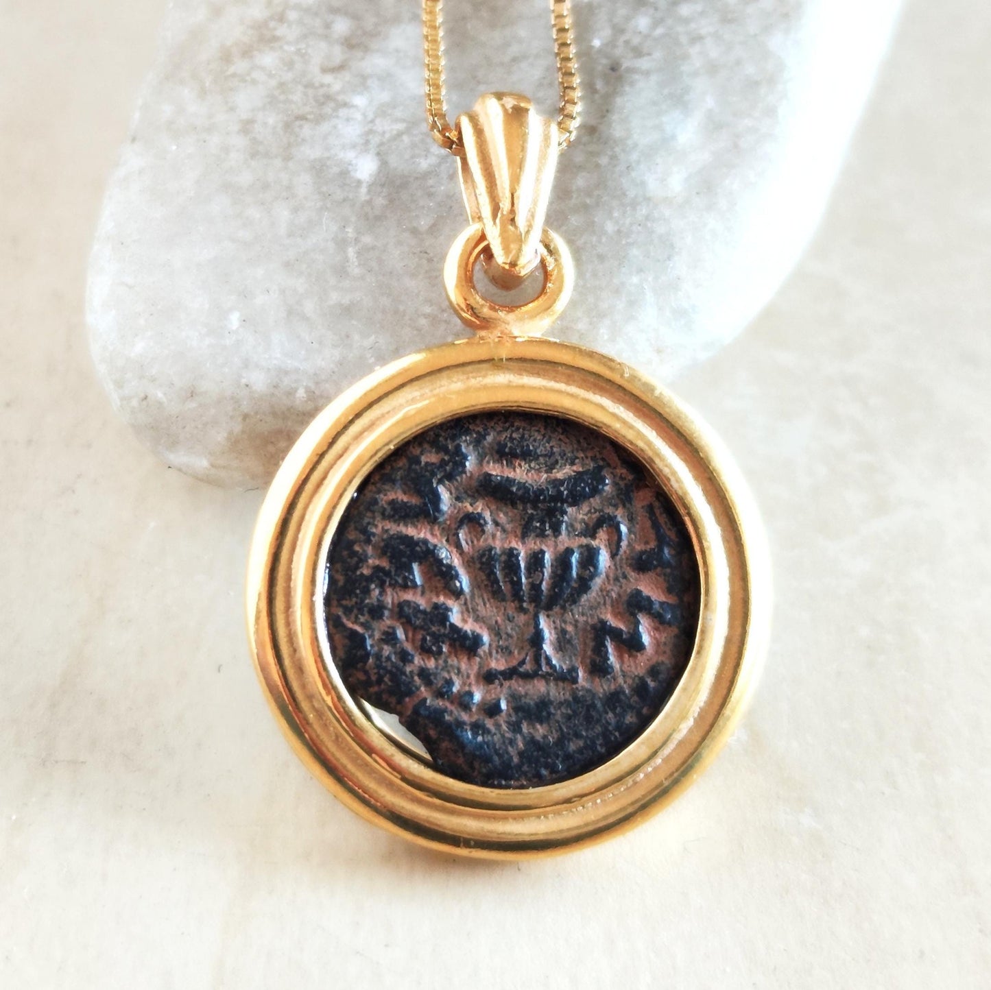 Ancient Masada Coin necklace, First Jewish Revolt Real Bronze Prutah Pendant, Jerusalem Second Temple coin, Roman Amphora Grape Leaf