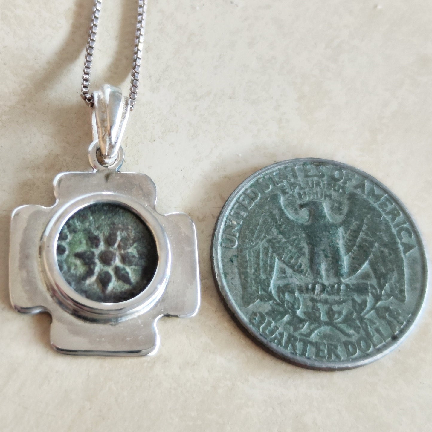 Christian Cross Necklace,  Antique Widow's Mite Coin Pendant, Jerusalem Jewelry Silver Pendant, Jesus Christ Coin, Christmas gift for Men
