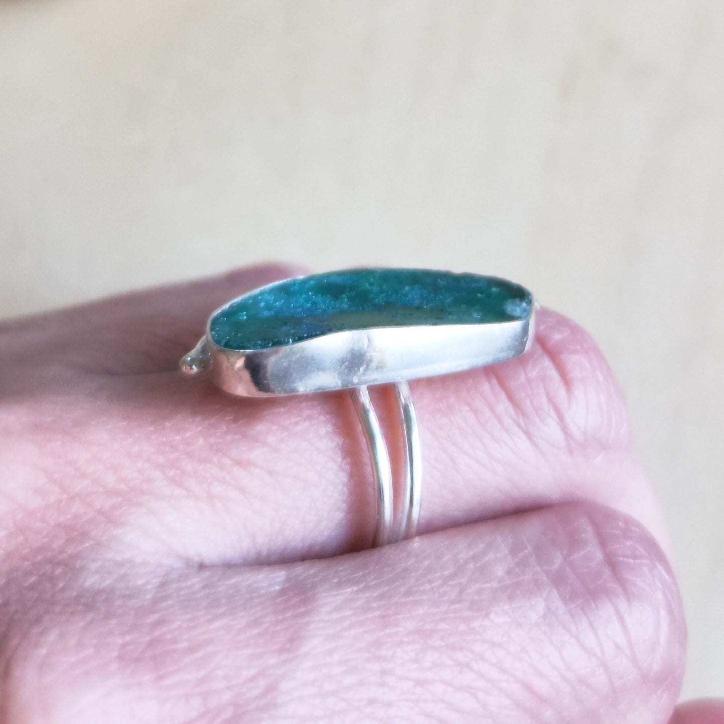 Antique Roman Glass Solitaire Ring, Natural Roman Glass adjustable silver ring, Aqua Green Blue patina Glass ring,  Large Statement ring