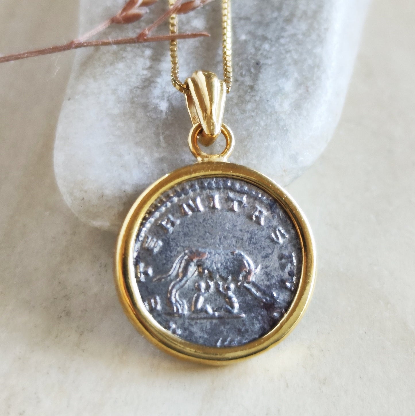 Antique Roman Romulus & Remus with She Wolf Coin Necklace, Ancient  Emperor Gallienus coin Pendant , Vintage Gold Plated Medallion Jewelry