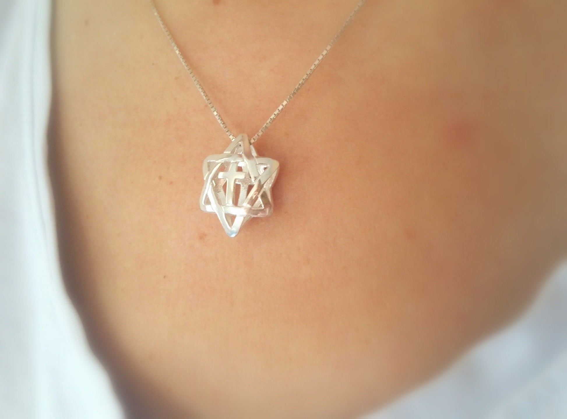 Sterling Silver Messianic Star of David & Cross Necklace Barr Designs