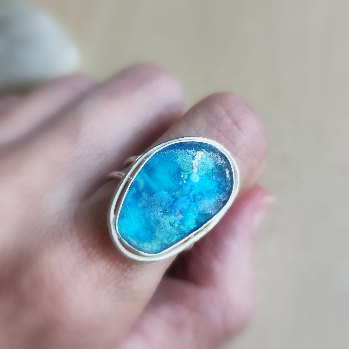 Ancient Glass Solitaire Ring, Natural Antique Roman Glass Adjustable Silver Ring, Blue Purple Patina Glass ring, Statement Solitaire Ring