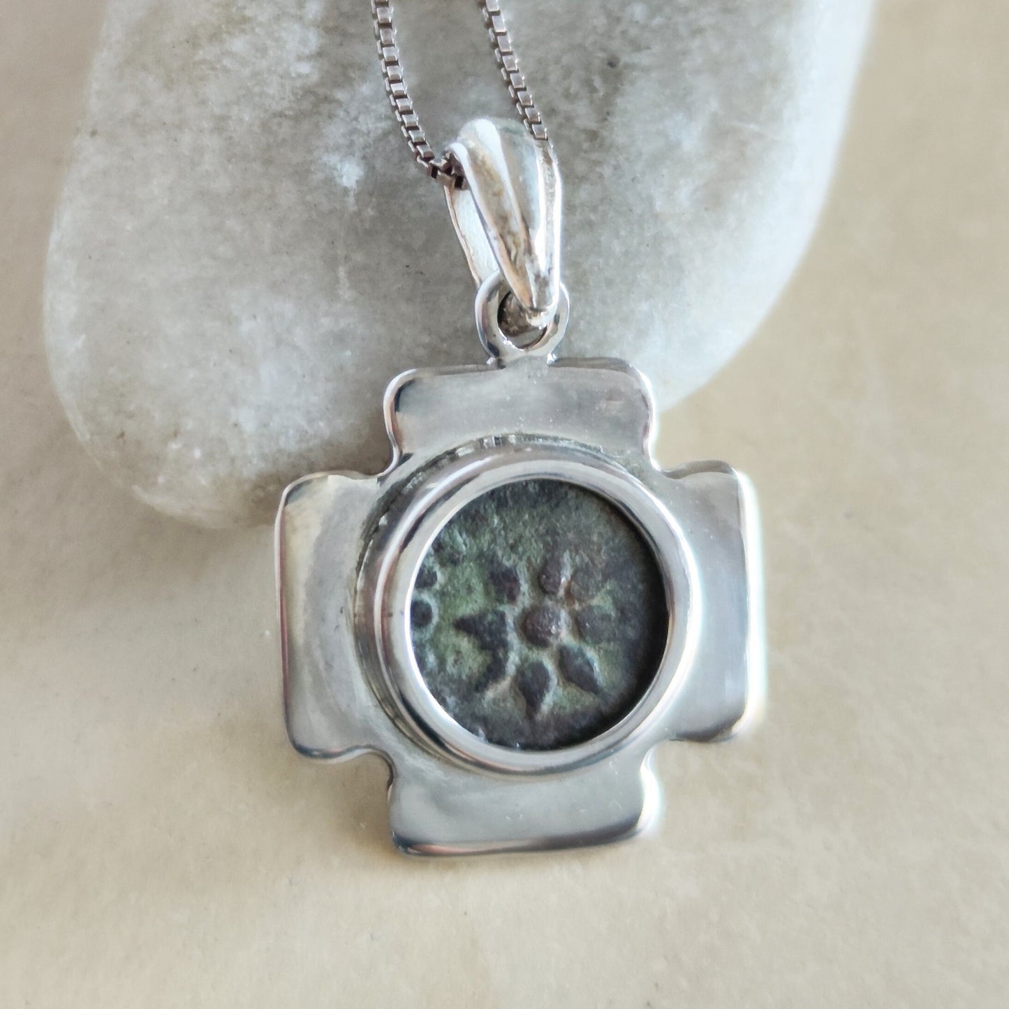 Christian Cross Necklace,  Antique Widow's Mite Coin Pendant, Jerusalem Jewelry Silver Pendant, Jesus Christ Coin, Christmas gift for Men