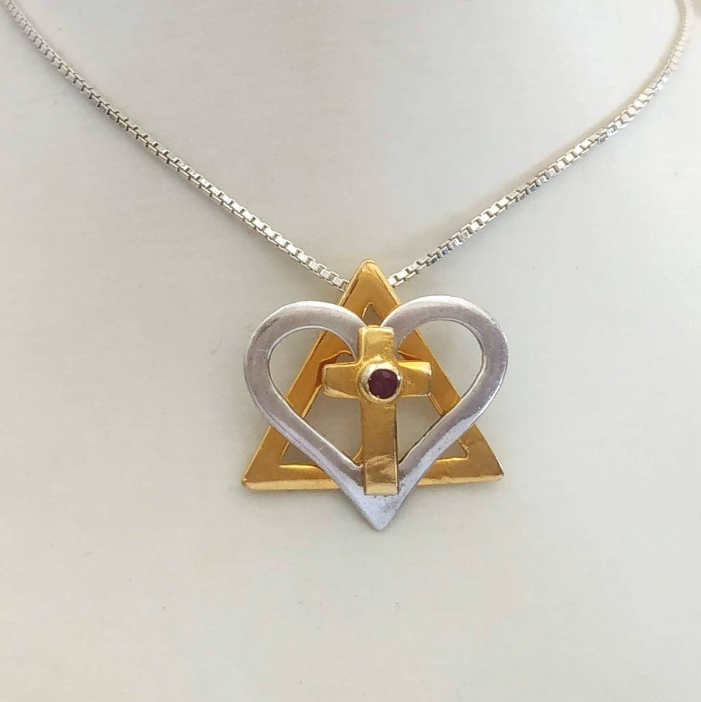 Interfaith Star Cross Necklace: Gold Plated Sterling Silver Ruby Heart Cross Pendant Barr Designs