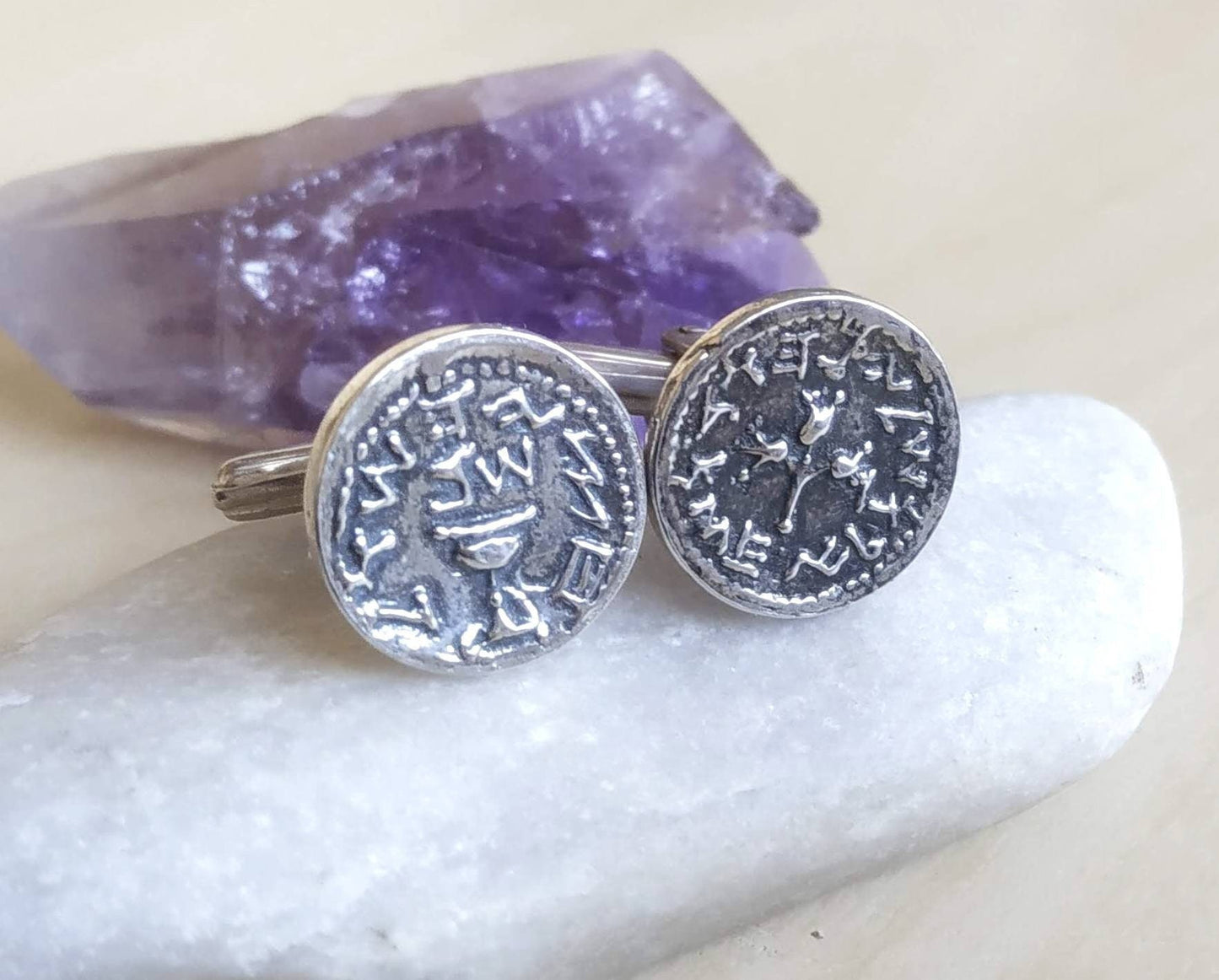 Ancient coin cufflinks, silver half shekel temple tribute coin, Jewish revolt Judea coin replica cufflinks, men's gift idea, Israeli jewelry